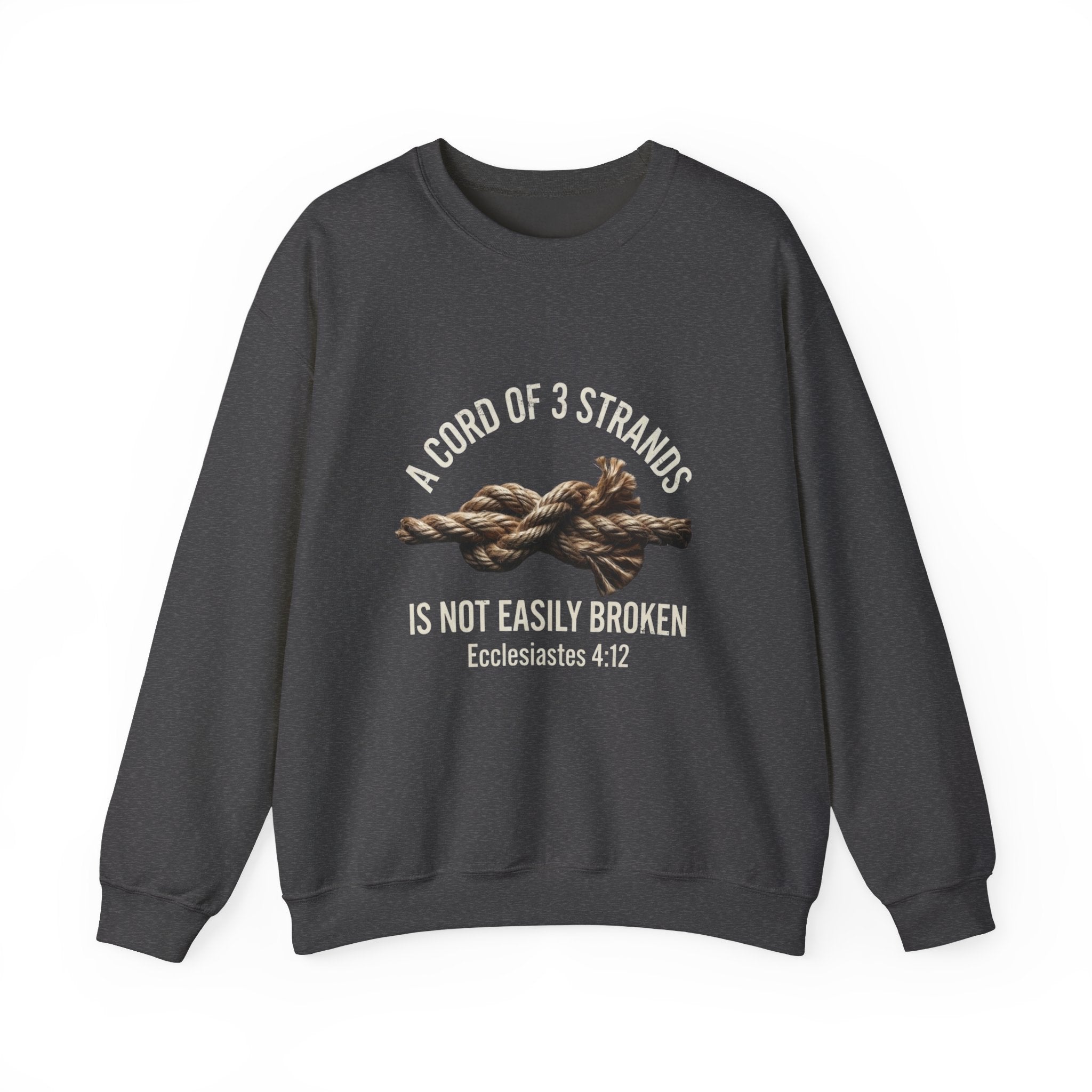 A Cord of 3 Strands Is Not Easily Broken — Ecclesiastes 4:12 dark heather crewneck sweatshirt with rope knot graphic, midweight Christian faith pullover