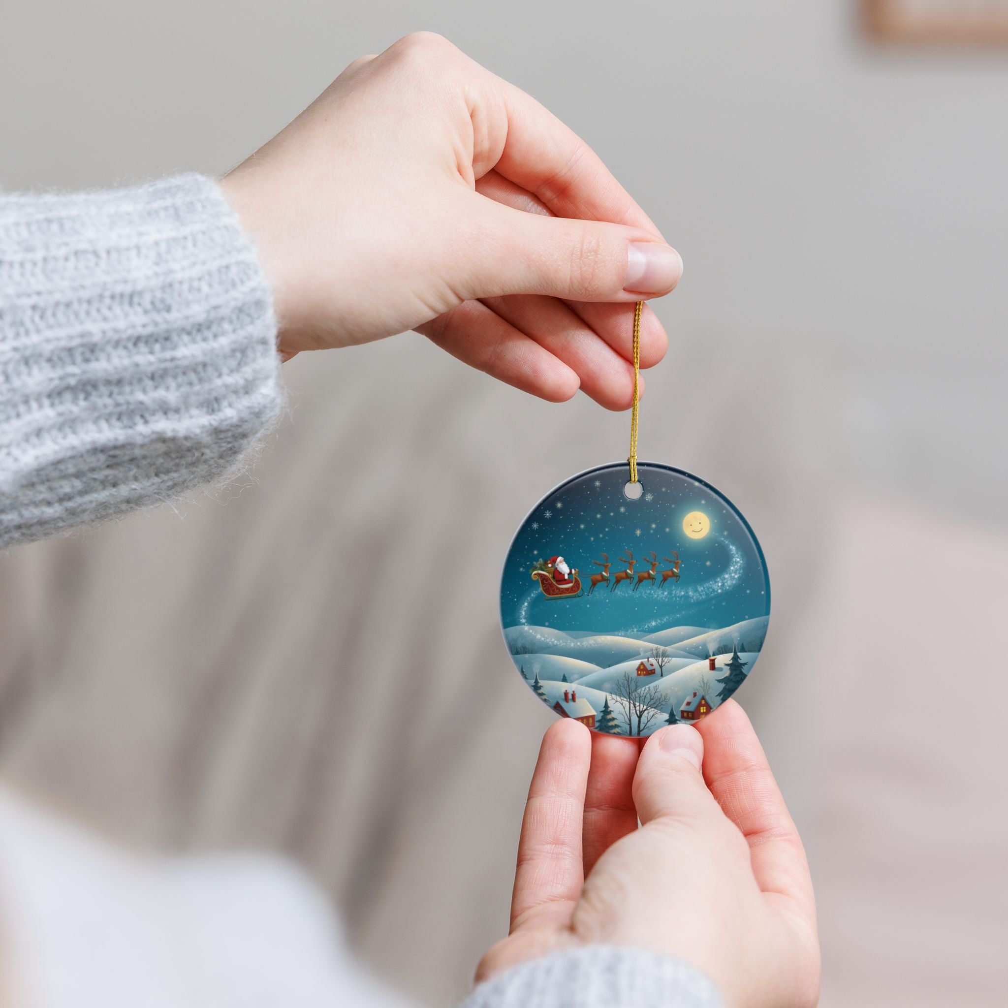 Santa Sleigh Moonlit Village Ornament (Double-Sided)