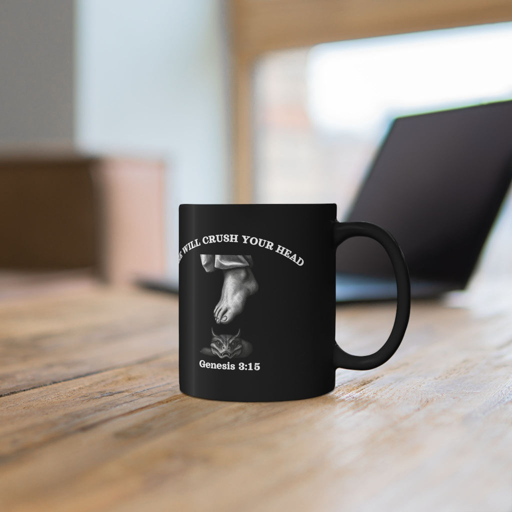 Genesis 3:15 - "He Will Crush Your Head" | Premium 15oz Black Coffee Mug