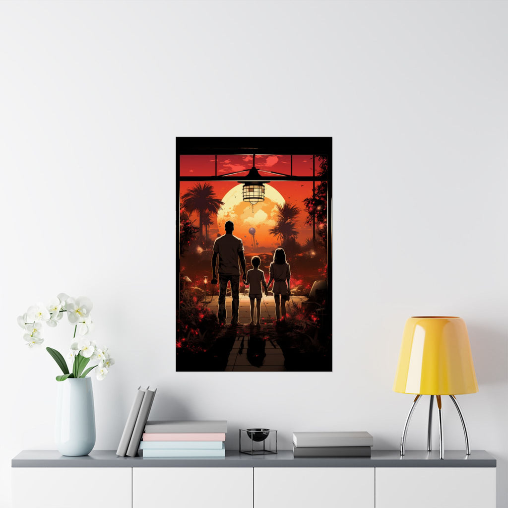 Alien Sunset Family Journey Poster – Retro Sci-Fi Wall Art (3 Sizes)
