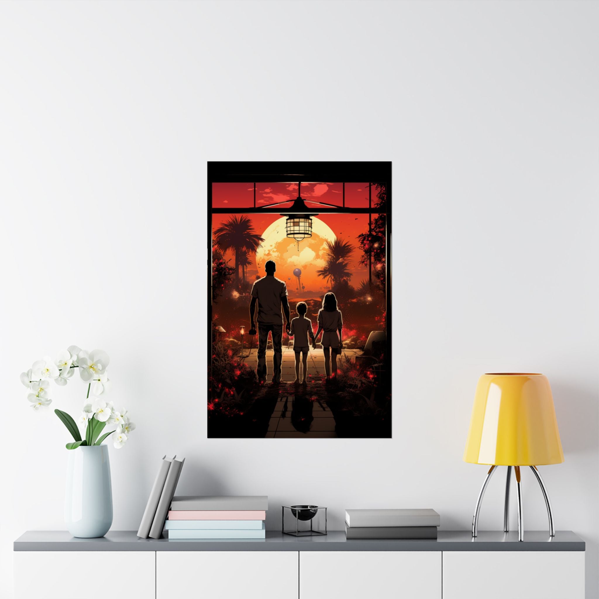 Alien Sunset Family Journey Poster – Retro Sci-Fi Wall Art (3 Sizes)