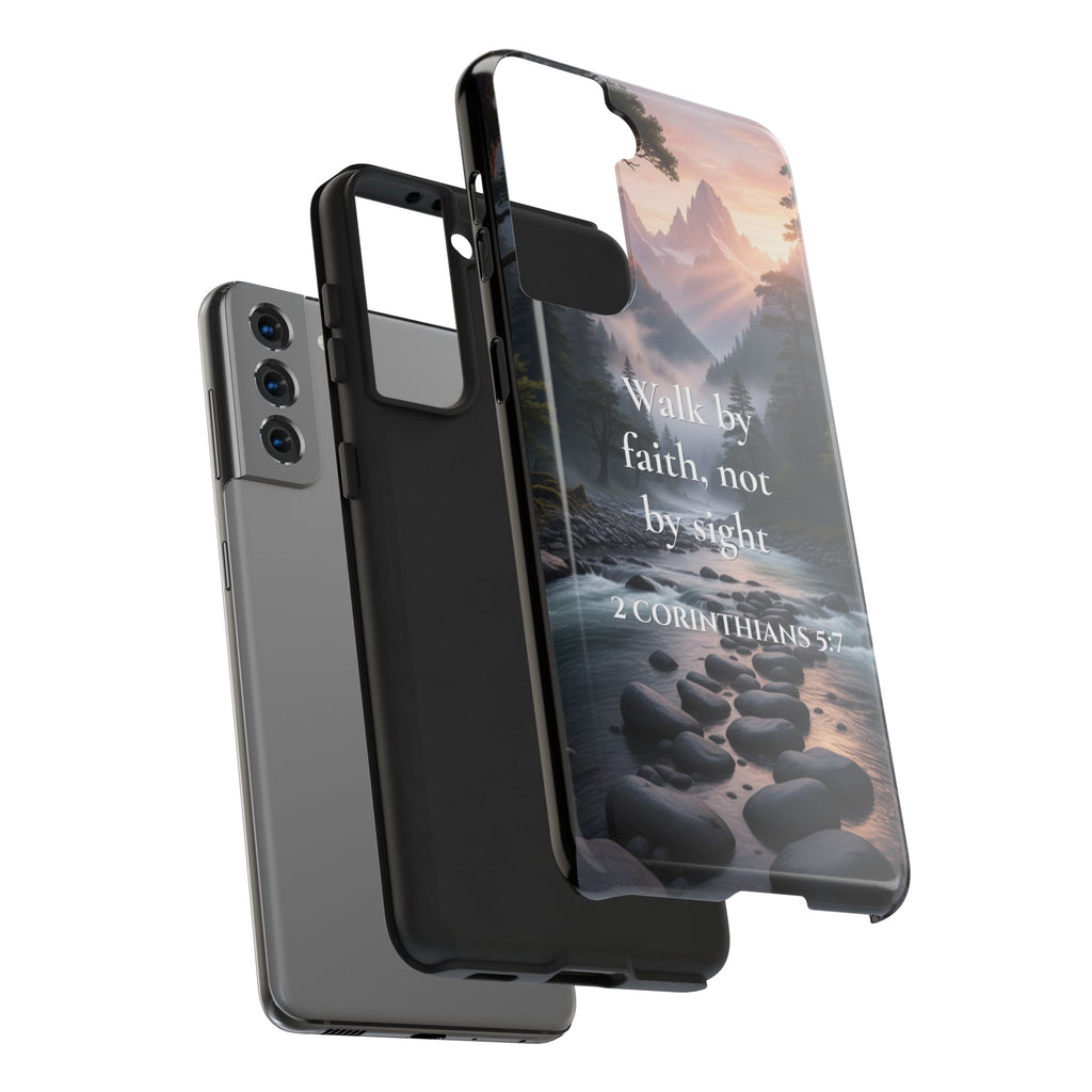 Christian Phone Case — "Walk by Faith, Not by Sight" (2 Corinthians 5:7) Scenic River Design