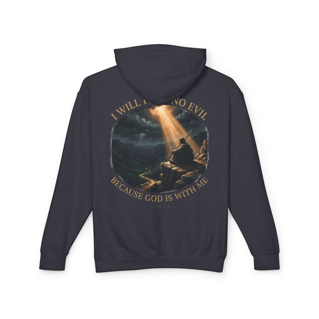 Dark charcoal "I Will Fear No Evil Because God Is With Me" Psalm 23 hoodie, back view showing full cinematic shepherd print, Zero FG faith apparel