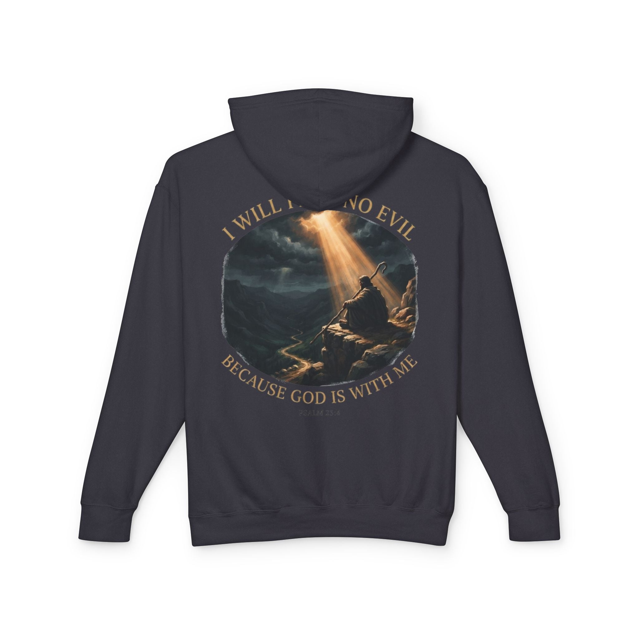 Dark charcoal "I Will Fear No Evil Because God Is With Me" Psalm 23 hoodie, back view showing full cinematic shepherd print, Zero FG faith apparel