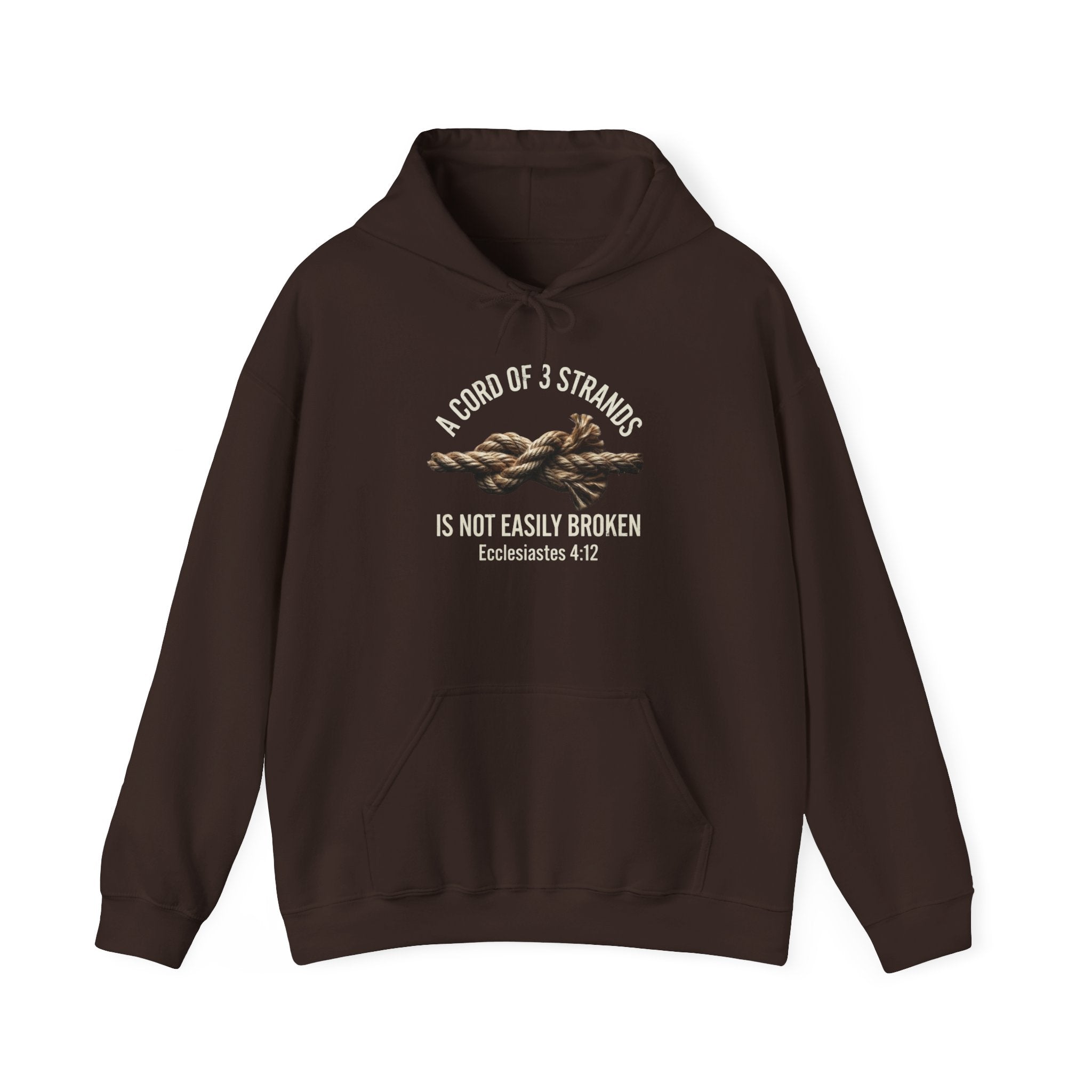 A Cord of 3 Strands Is Not Easily Broken — Ecclesiastes 4:12 dark chocolate brown hoodie with rope knot graphic, midweight Christian faith pullover