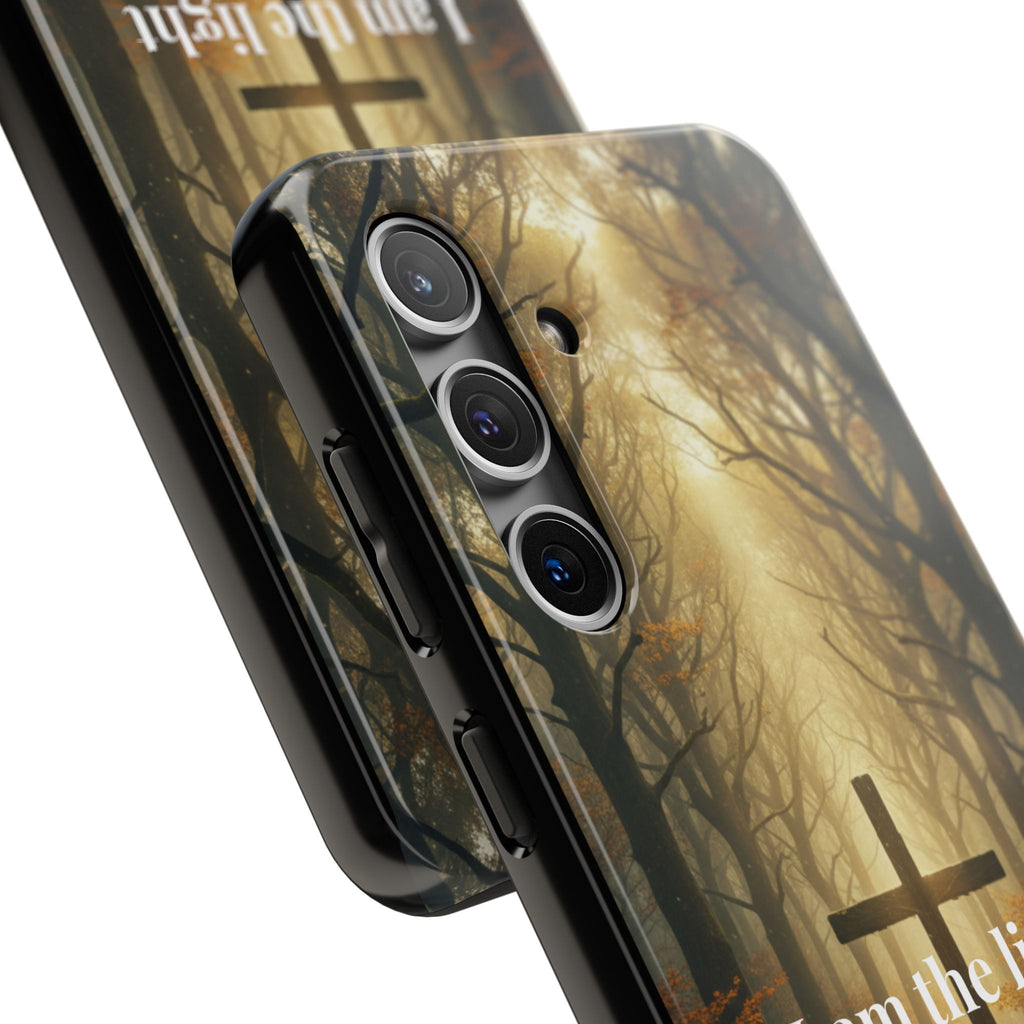 Christian Phone Case — "I Am the Light of the World" (John 8:12) Forest Cross Design