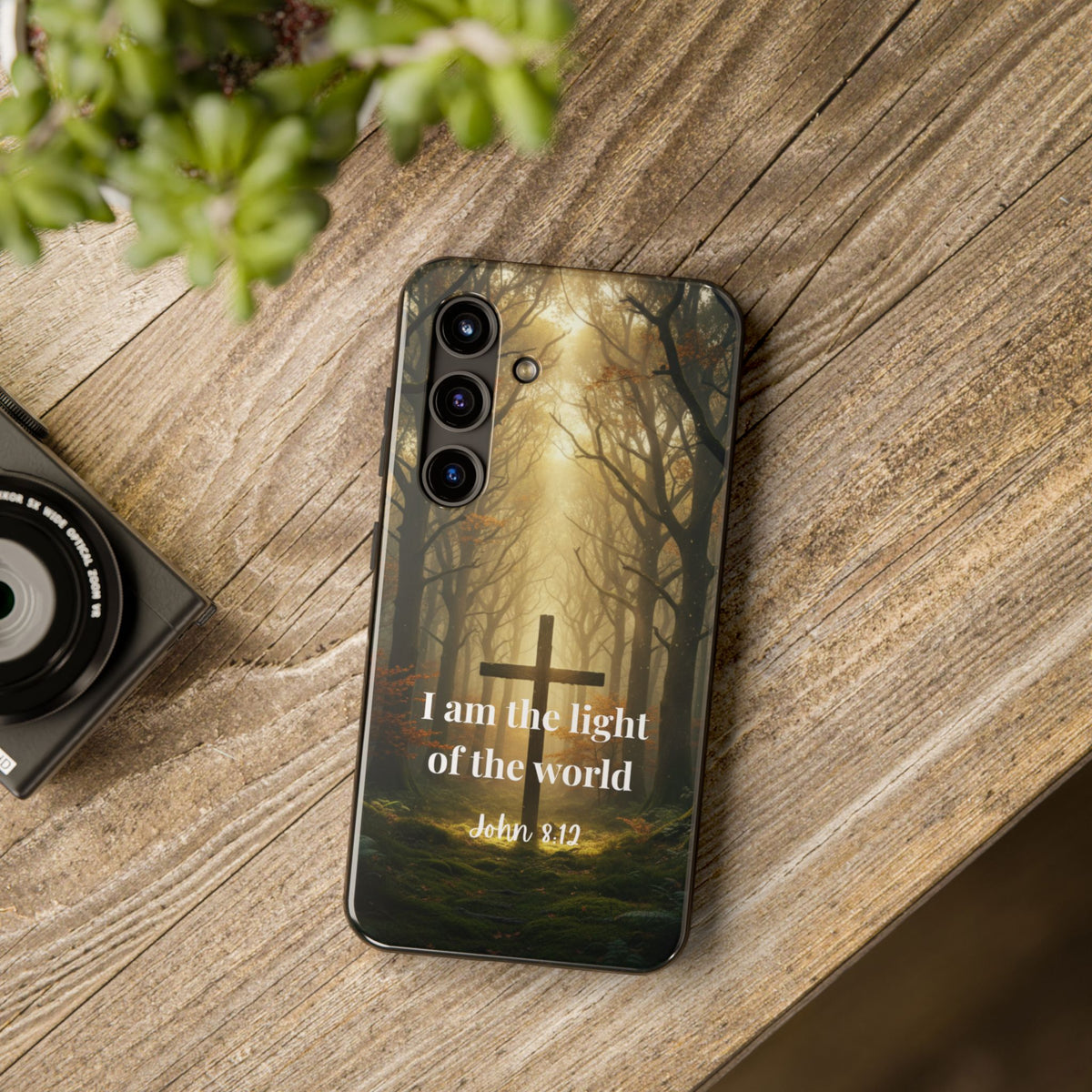Christian Phone Case — "I Am the Light of the World" (John 8:12) Forest Cross Design