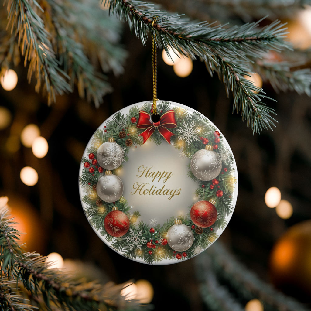 Holiday Wreath Ceramic Ornament — Happy Holidays