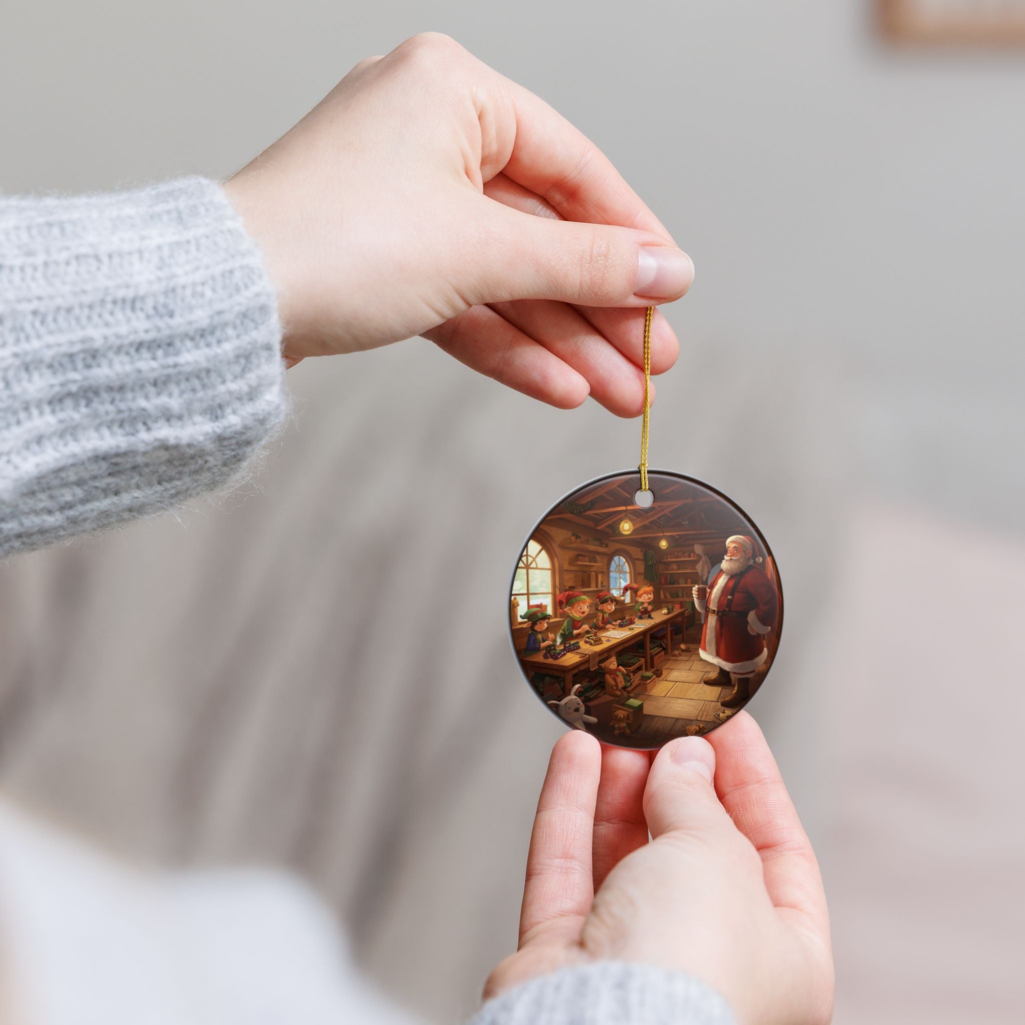 Santa & Elves Round Ornament (Double-Sided)