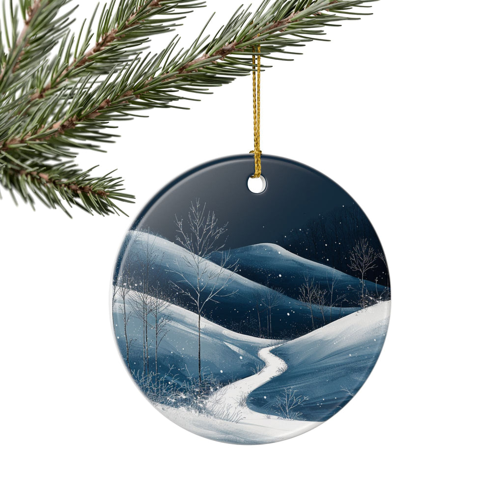 Winter Night Ceramic Ornament — Snowy Mountain Path (2-Sided)
