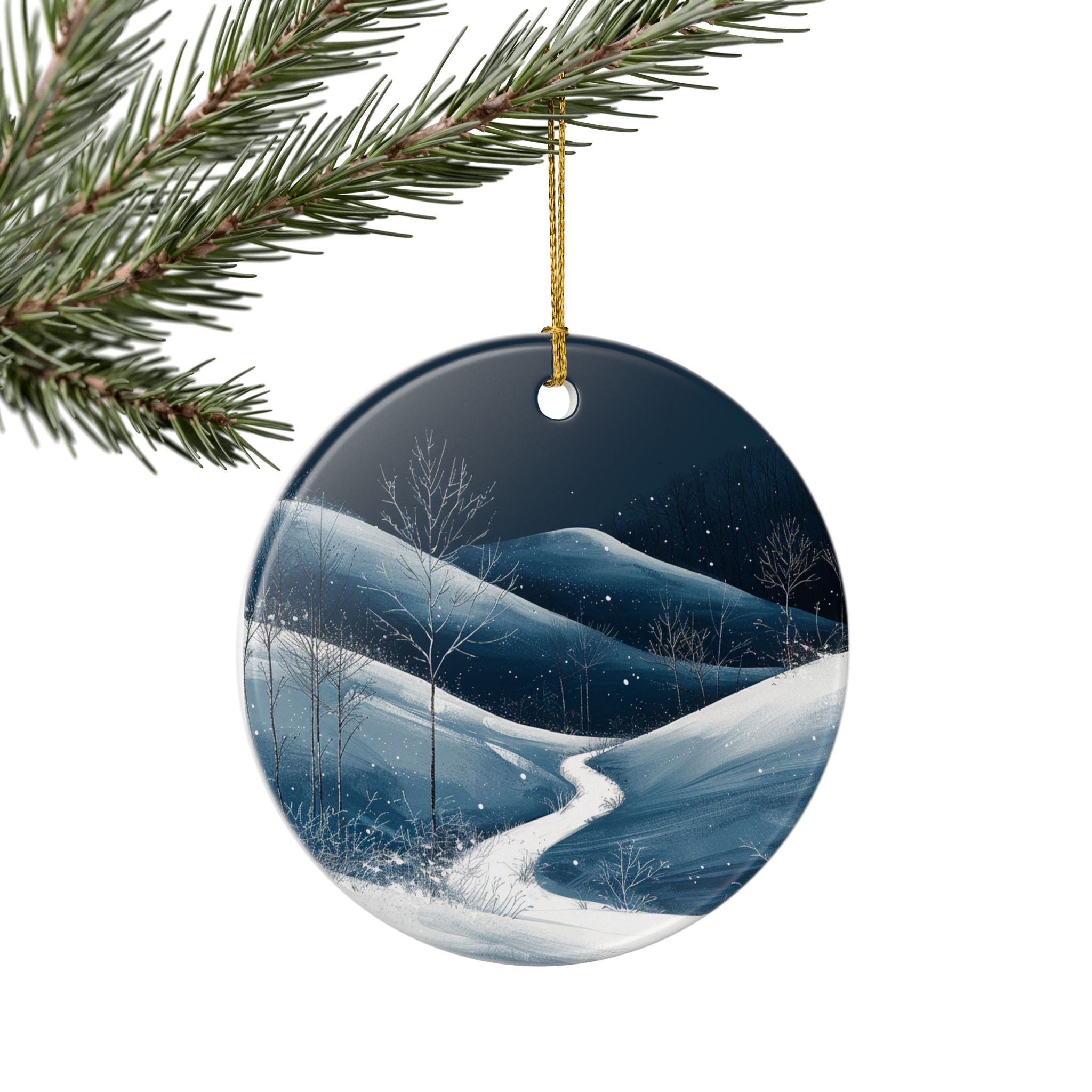 Winter Night Ceramic Ornament — Snowy Mountain Path (2-Sided)