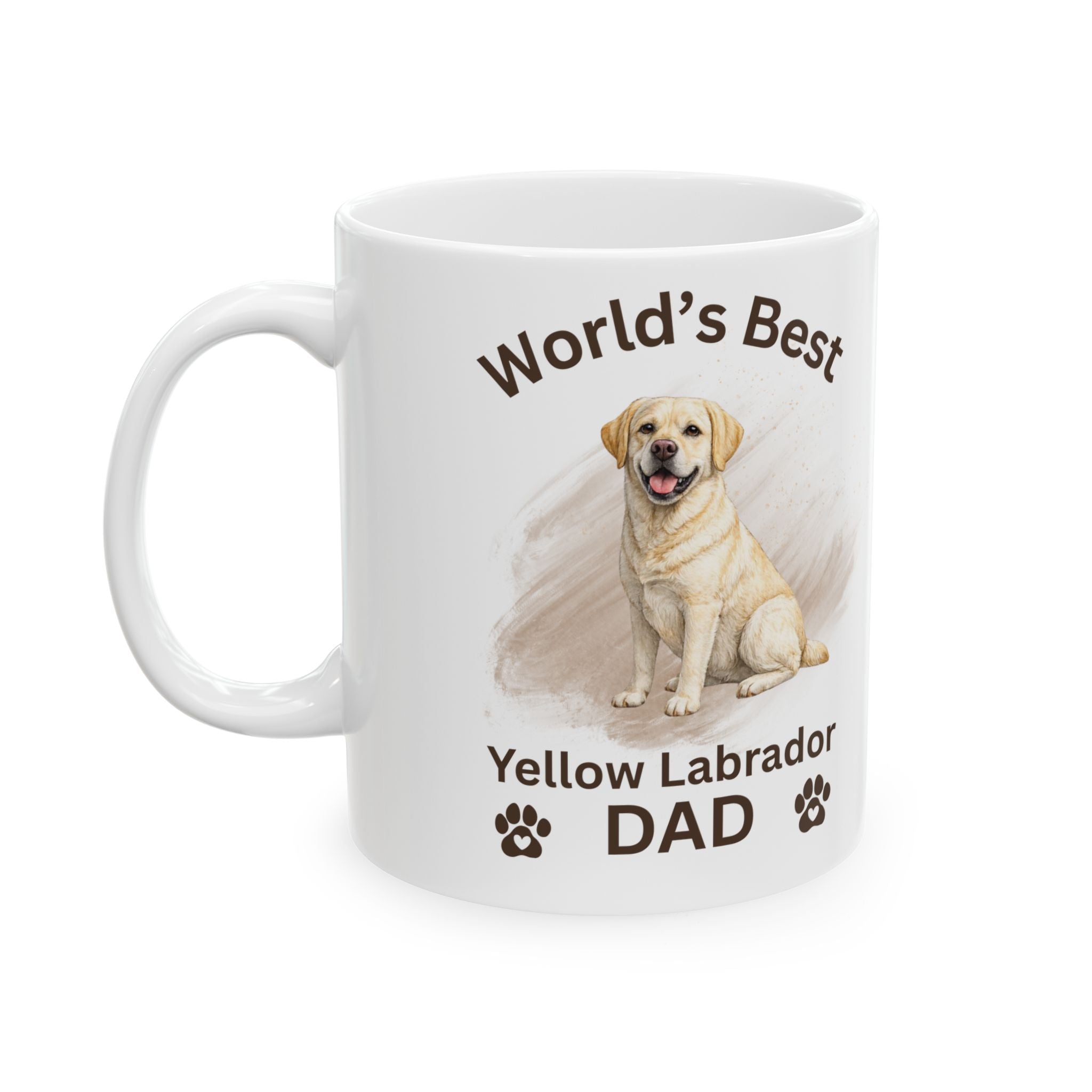 White mug with a yellow Labrador and text 'World's Best Yellow Labrador DAD' on a white background