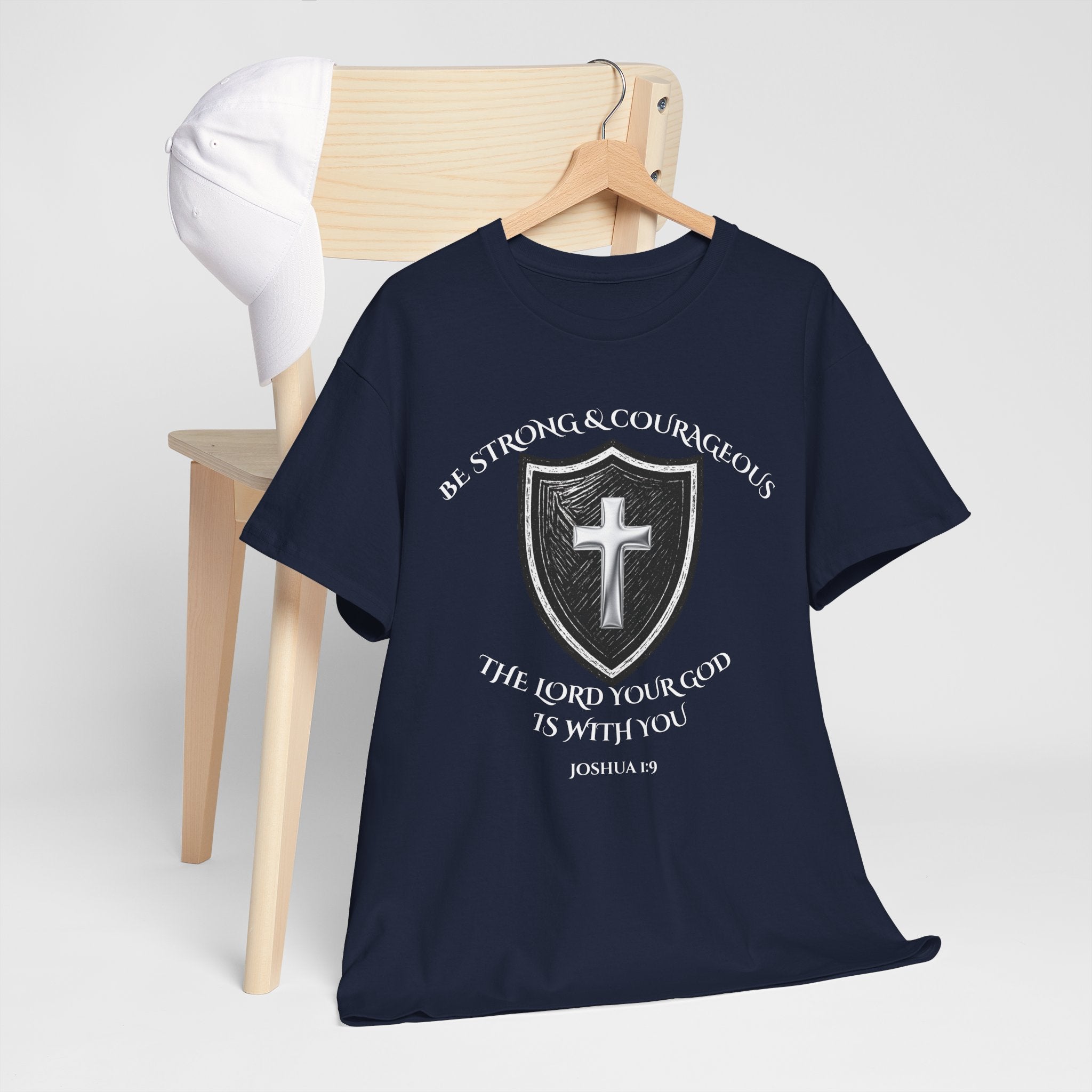 Christian Shield T-Shirt — Be Strong & Courageous — Joshua 1:9