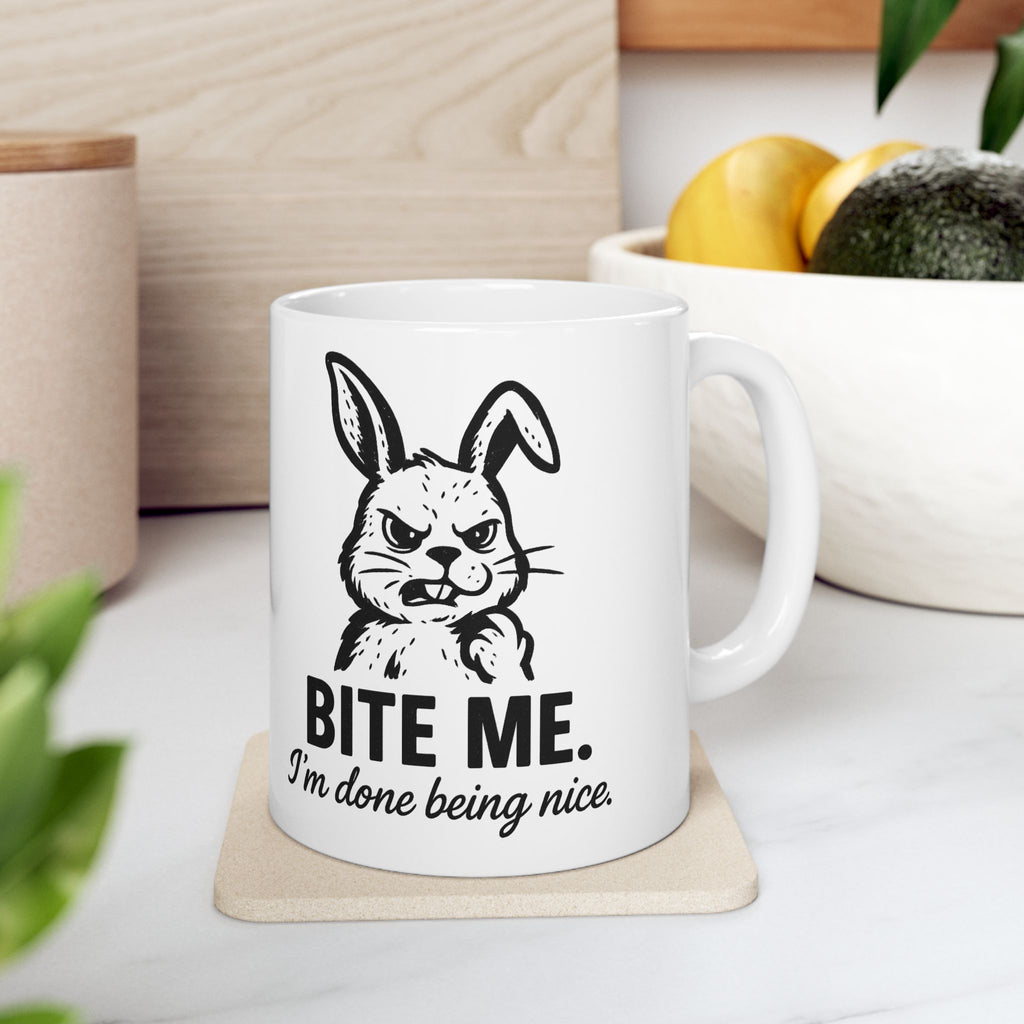 Bite Me Bunny Ceramic Mug — Funny Rabbit Coffee Cup (11oz & 15oz)