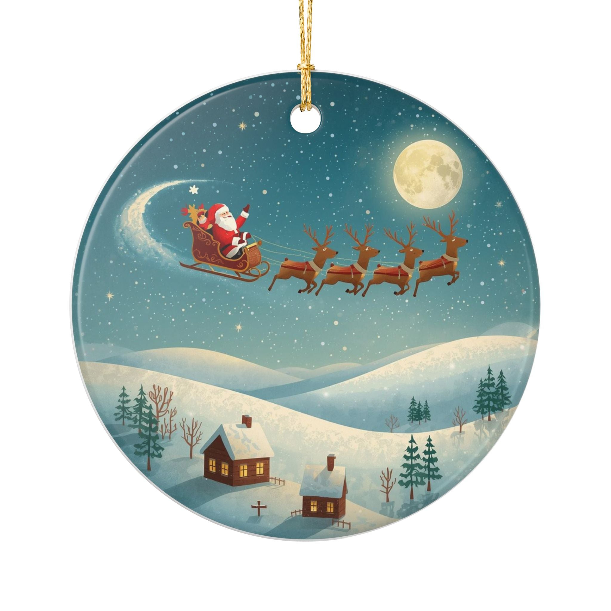 Santa Sleigh Ceramic Ornament (2-Sided)