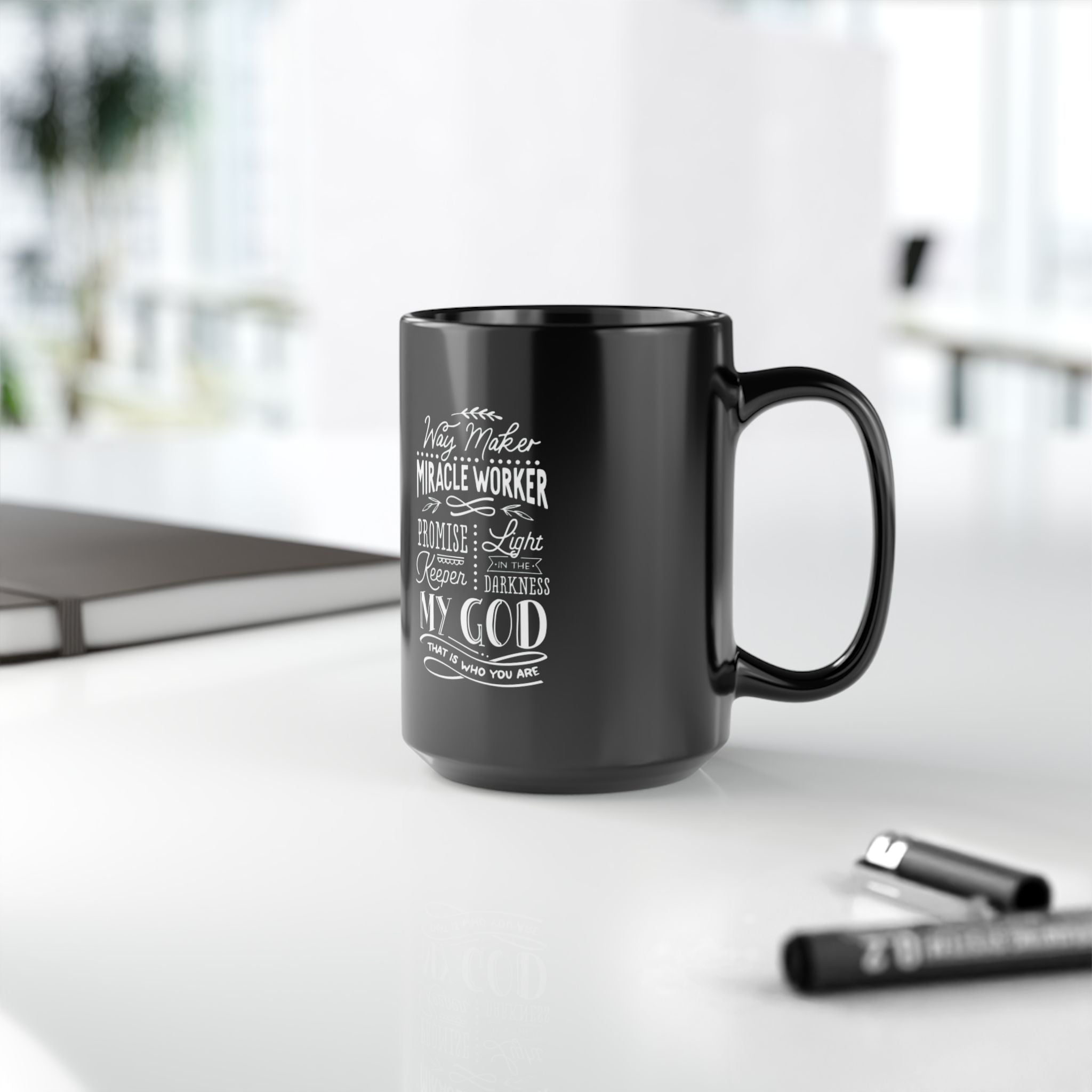 Inspirational Faith Coffee Mug — “Way Maker, Miracle Worker” Black Ceramic (11oz/15oz)