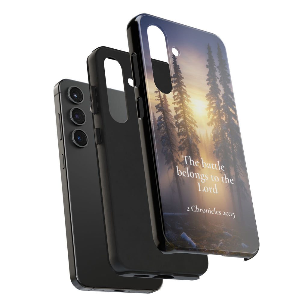 Christian Phone Case — "The Battle Belongs to the Lord" (2 Chronicles 20:15) Forest Sunrise Design