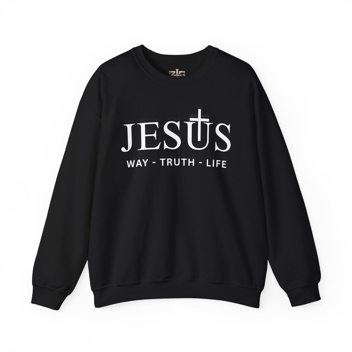 Black Jesus Way Truth Life crewneck sweatshirt with white cross graphic on white background.