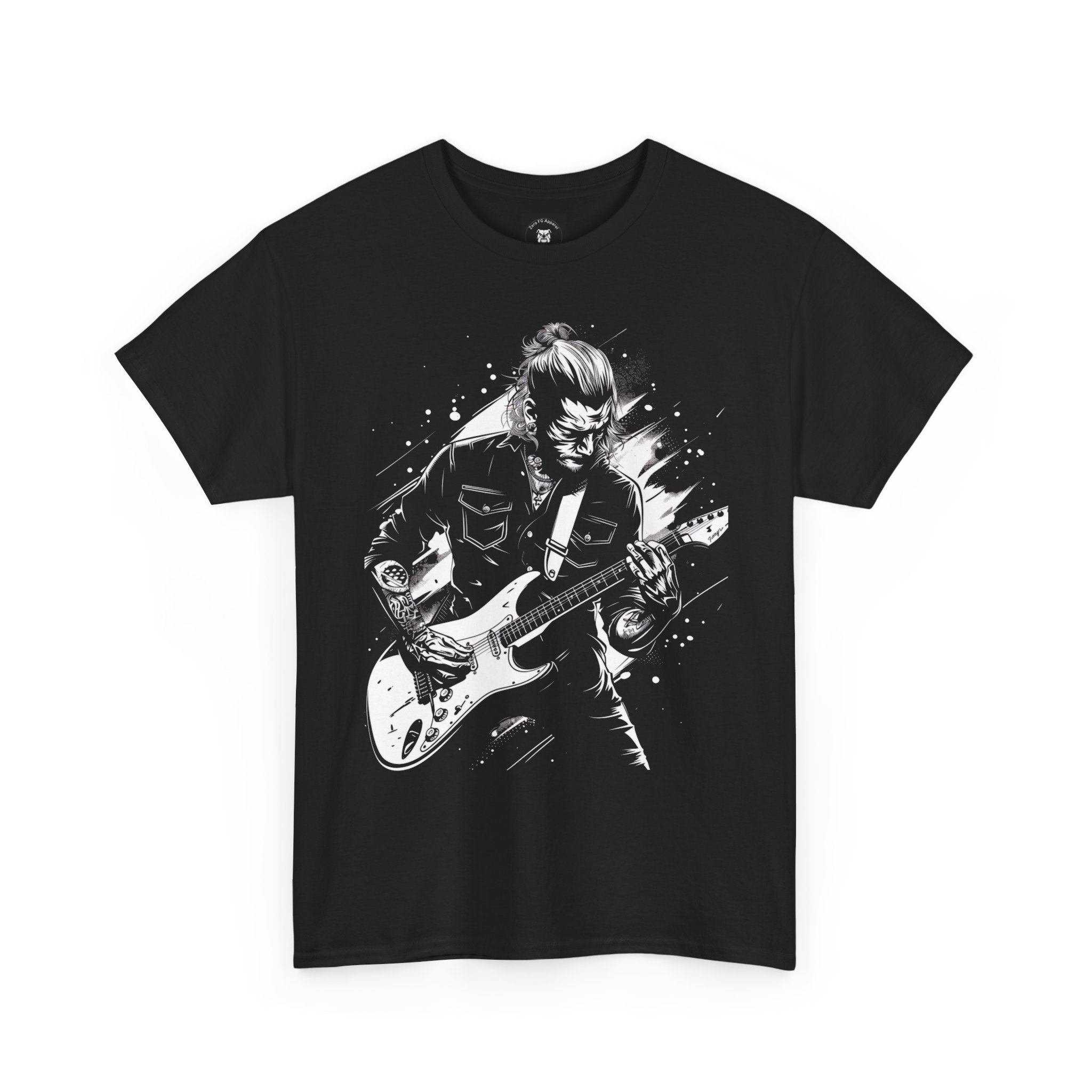 Black t-shirt with a graphic of a person playing guitar on a white background