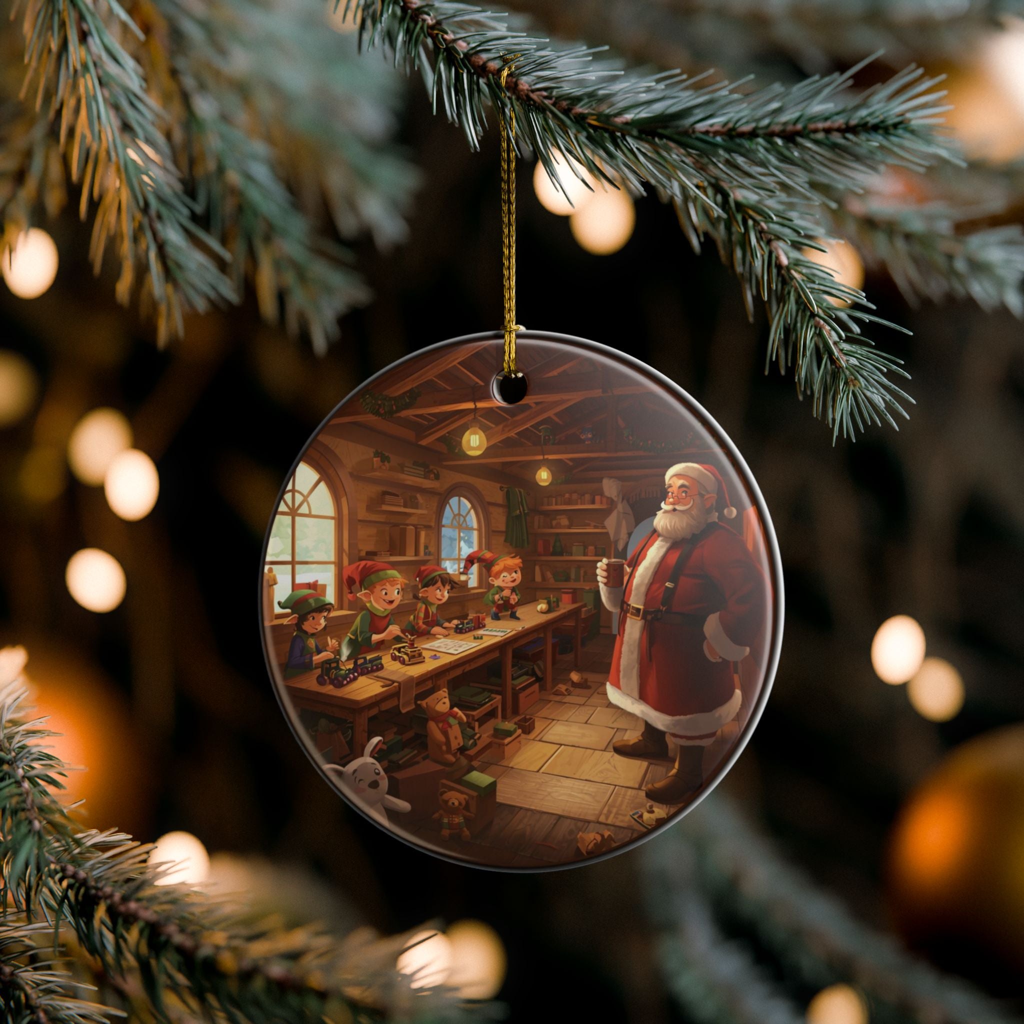 Santa & Elves Round Ornament (Double-Sided)