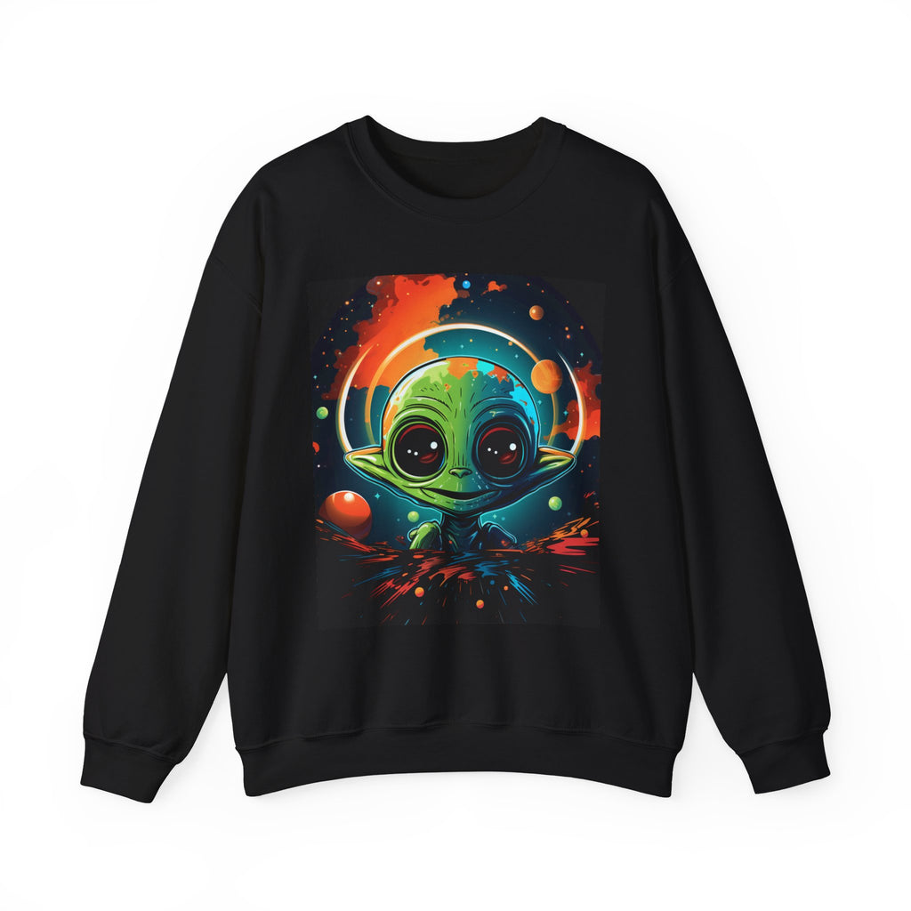 Cosmic Little Alien Sweatshirt – Neon Space Art on Black Crewneck