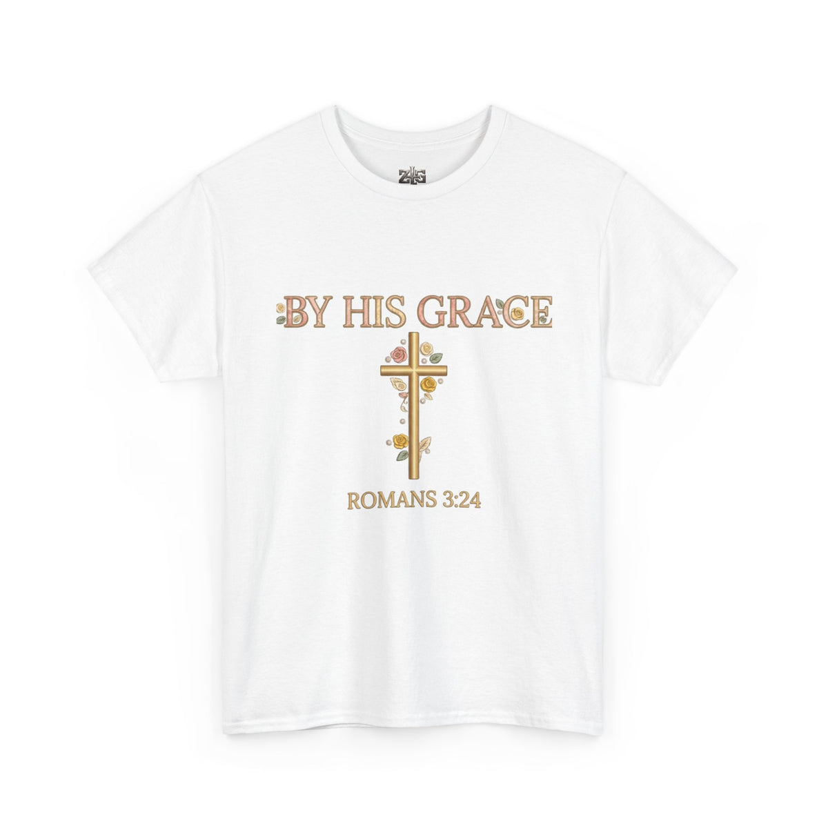 By His Grace Romans 3:24 Christian faith t-shirt in white with gold floral cross design