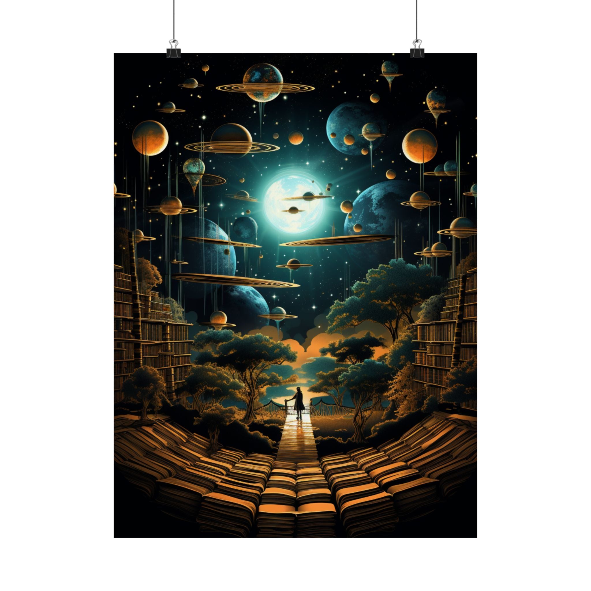 Cosmic Library of Worlds Poster – Retro Sci-Fi Fantasy Wall Art (3 Sizes)