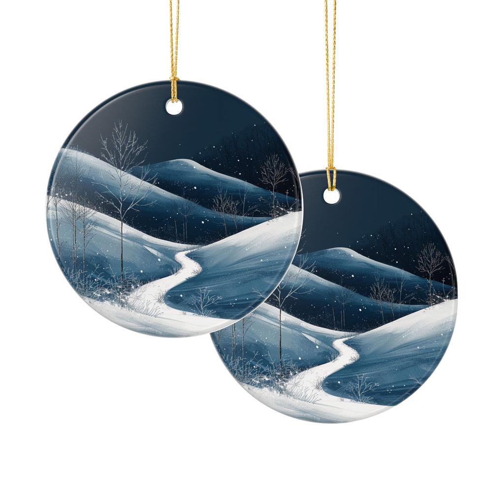 Winter Night Ceramic Ornament — Snowy Mountain Path (2-Sided)