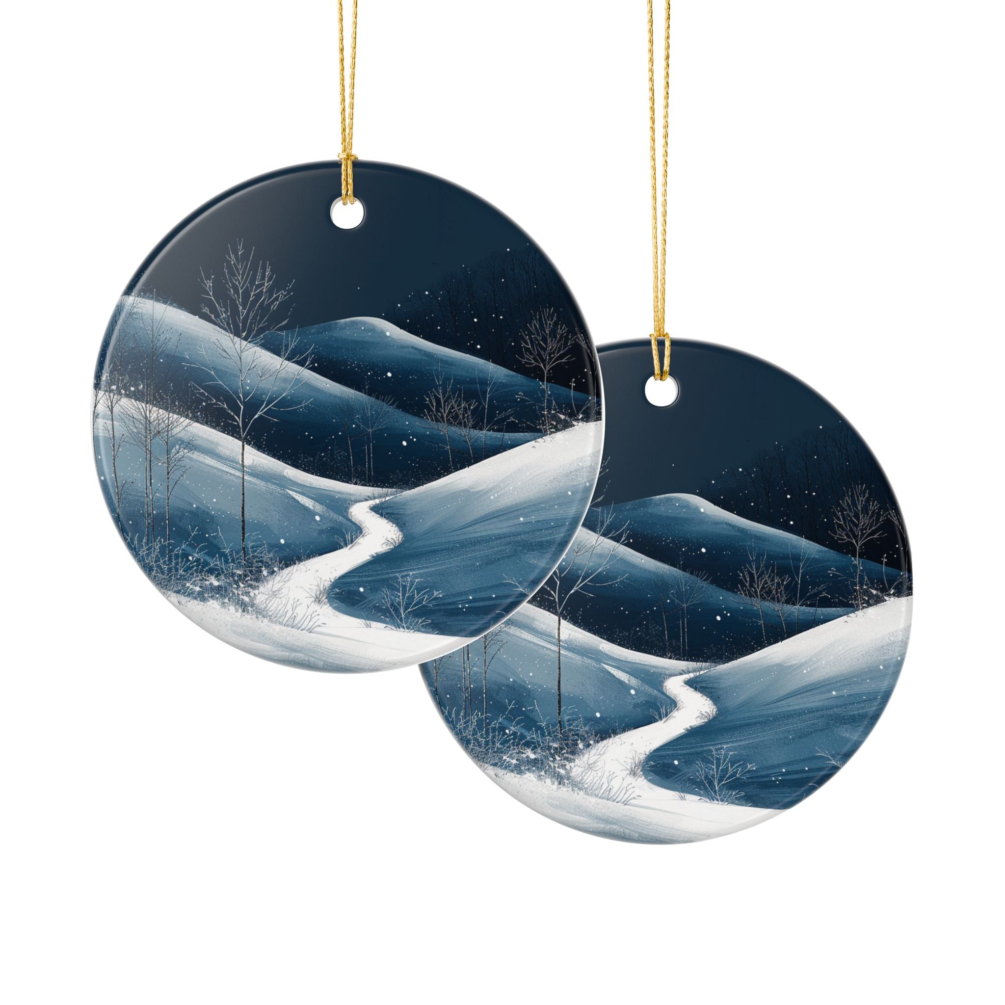 Winter Night Ceramic Ornament — Snowy Mountain Path (2-Sided)
