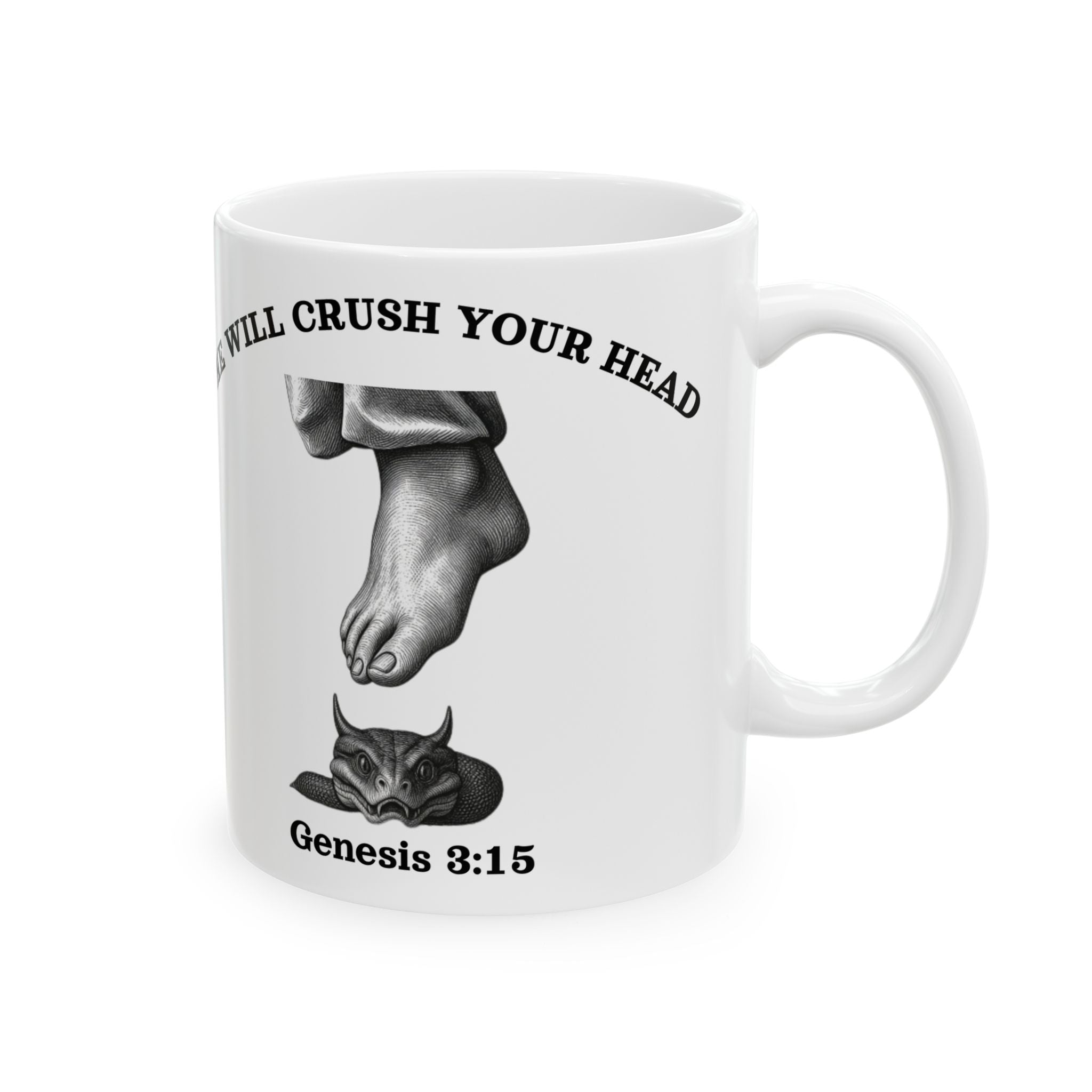 Genesis 3:15 - "He Will Crush Your Head" | Premium 15oz White Coffee Mug