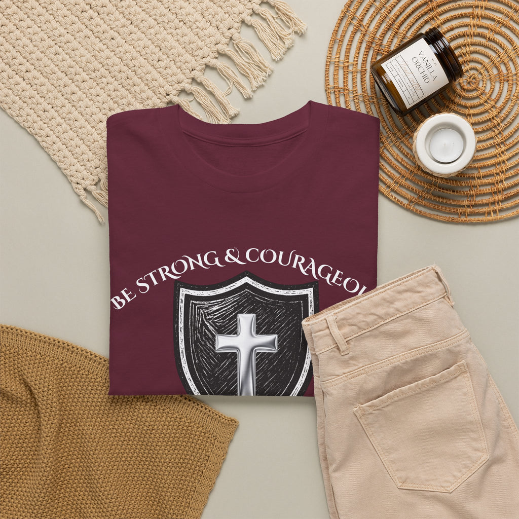Christian Shield T-Shirt — Be Strong & Courageous — Joshua 1:9