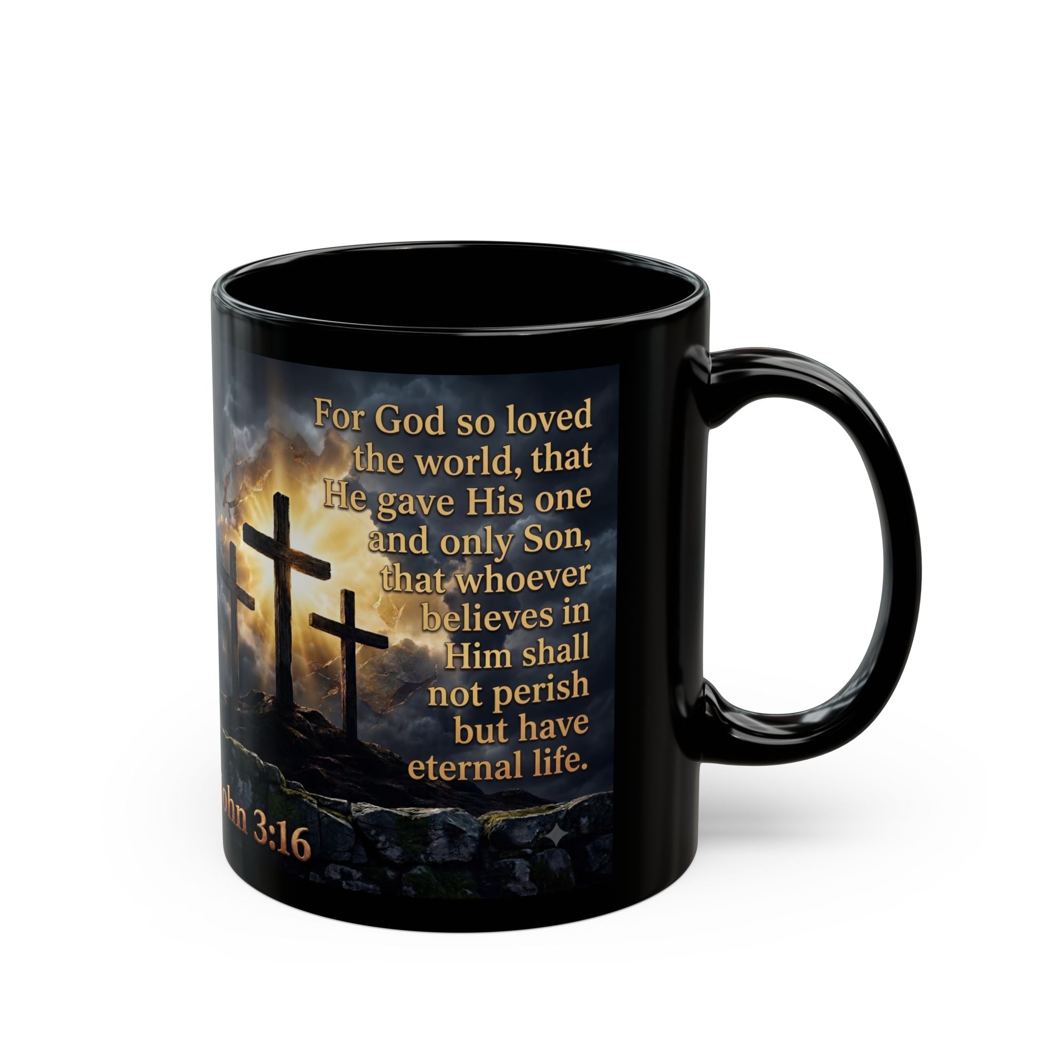 John 3:16 Black Christian Mug — Three Crosses Scripture Design