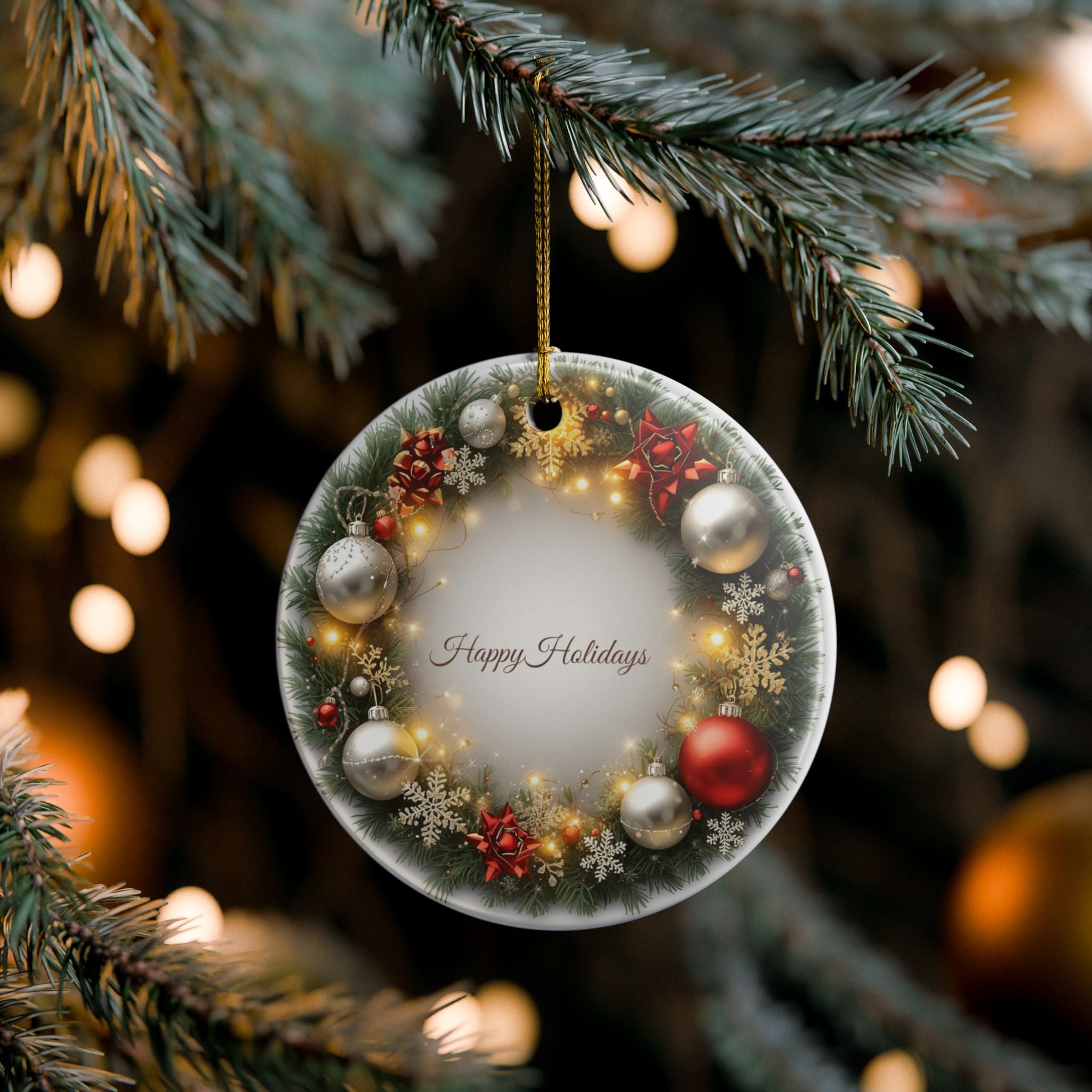 Festive Wreath Ceramic Ornament — Happy Holidays (2-Sided)