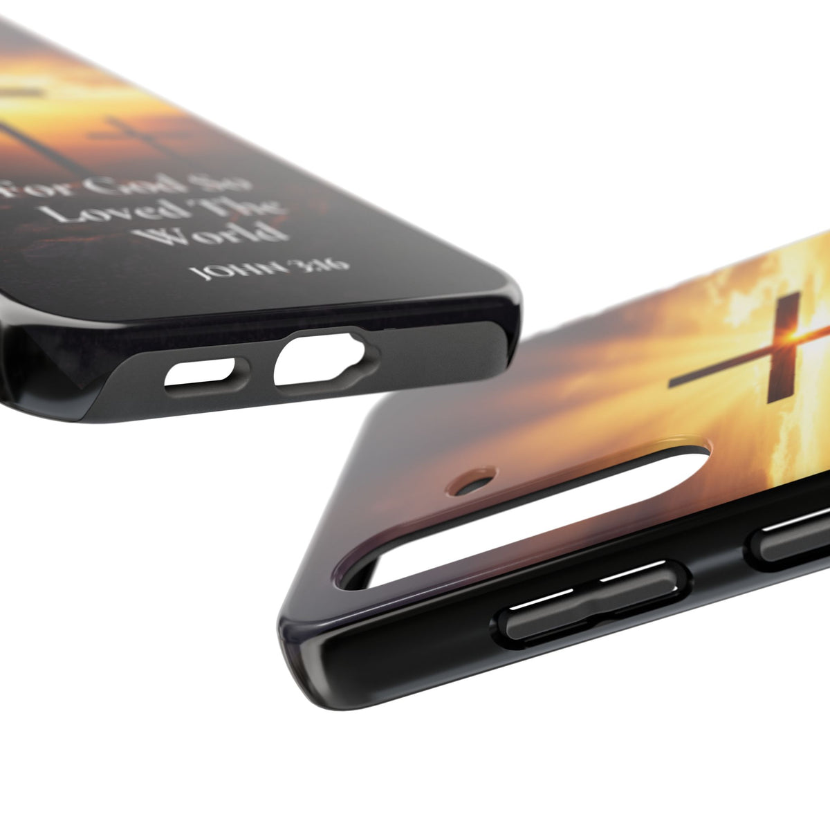 Christian Phone Case — "For God So Loved The World" (John 3:16) Three Crosses Sunset Design