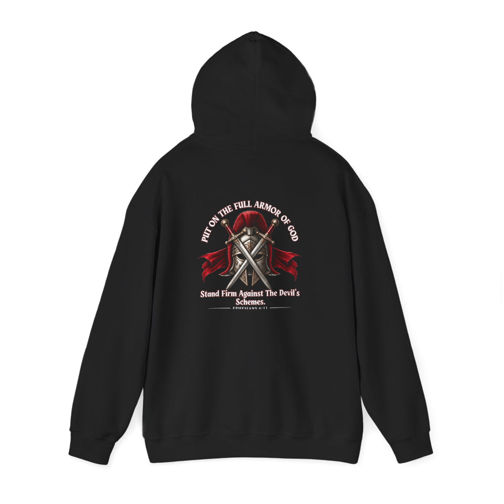 Black Armor of God Christian hoodie with warrior helmet and crossed swords emblem on the chest