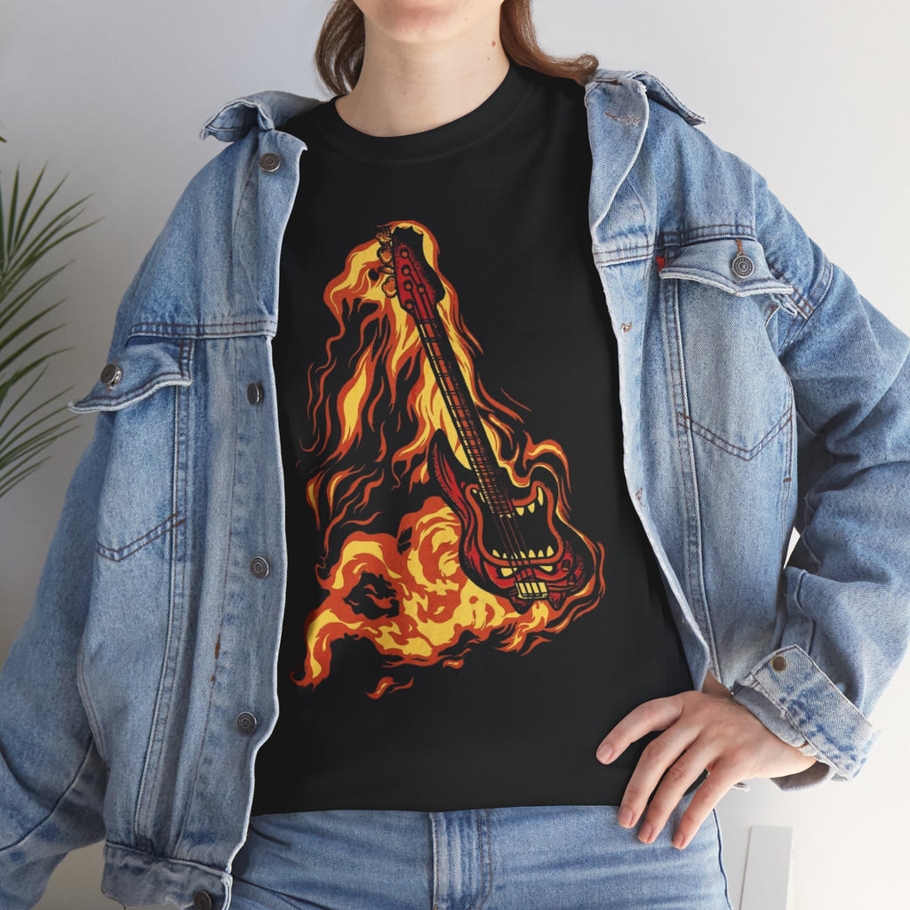 Flaming Guitar T-Shirt — Fiery Rock Music Graphic Tee for Guitarists