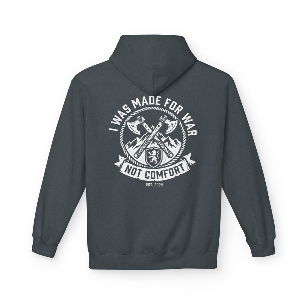 I Was Made for War Not Comfort faith warrior hoodie in dark heather, back print view