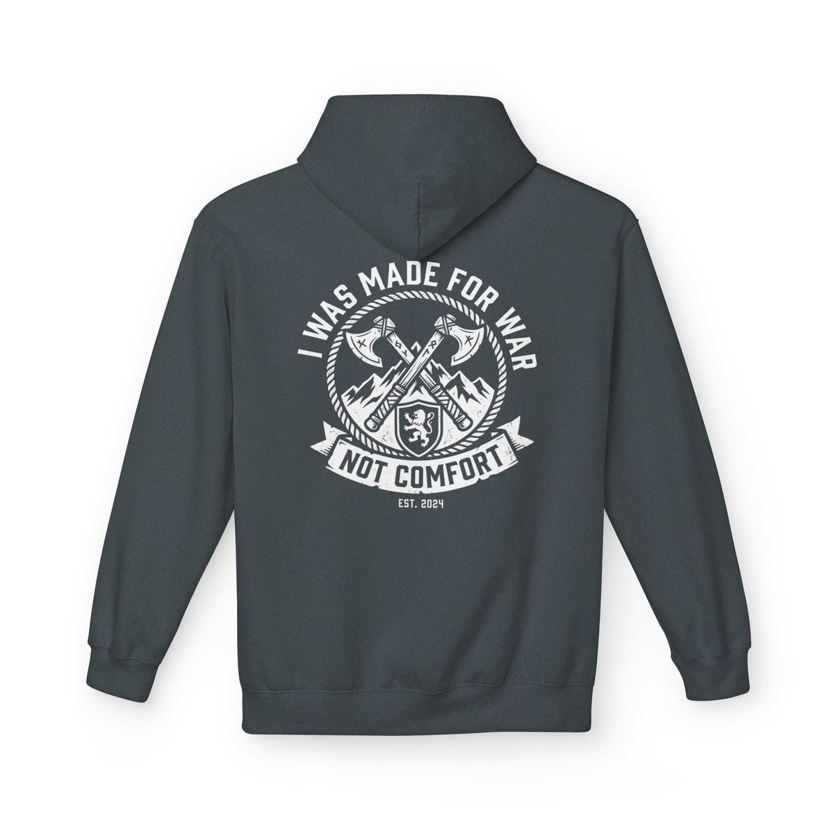 I Was Made for War Not Comfort faith warrior hoodie in dark heather, back print view