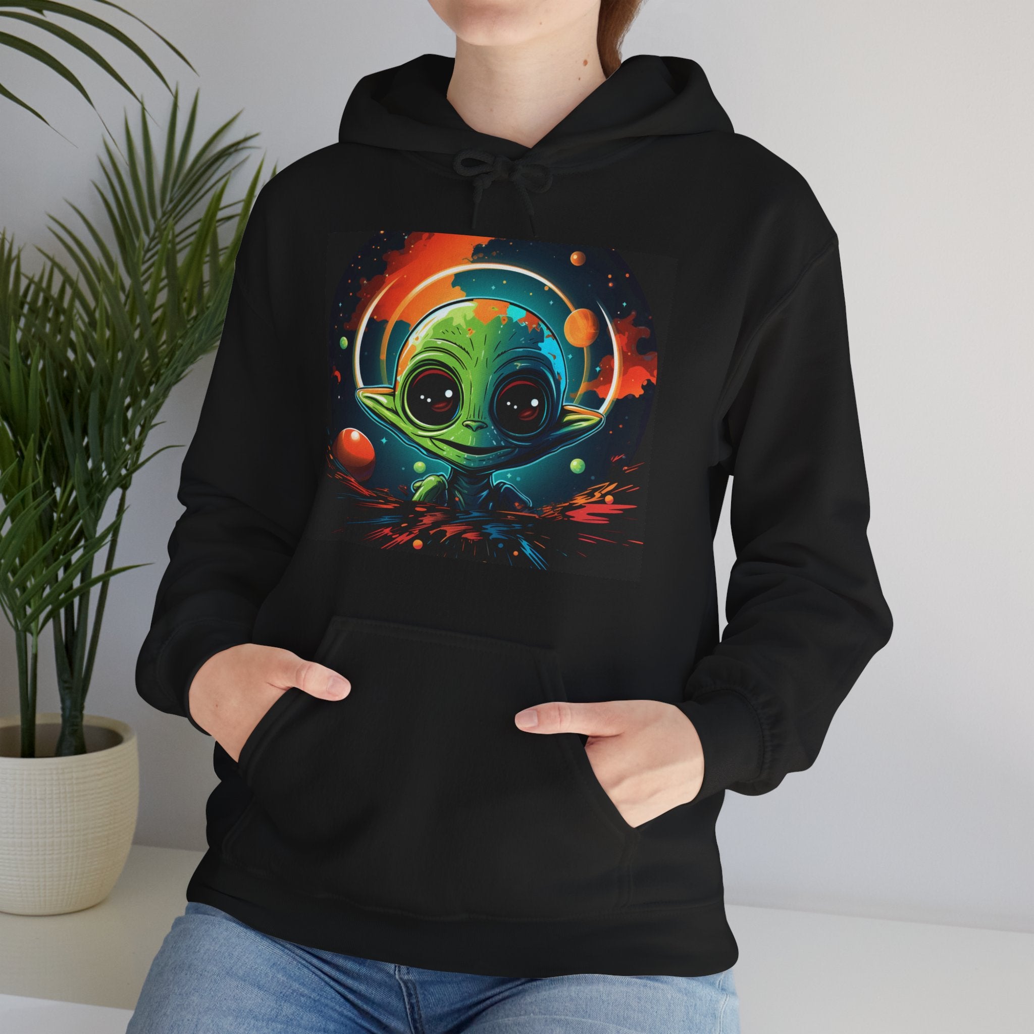 Cosmic Cutie Alien Hoodie – Vibrant Outer Space Art on Black