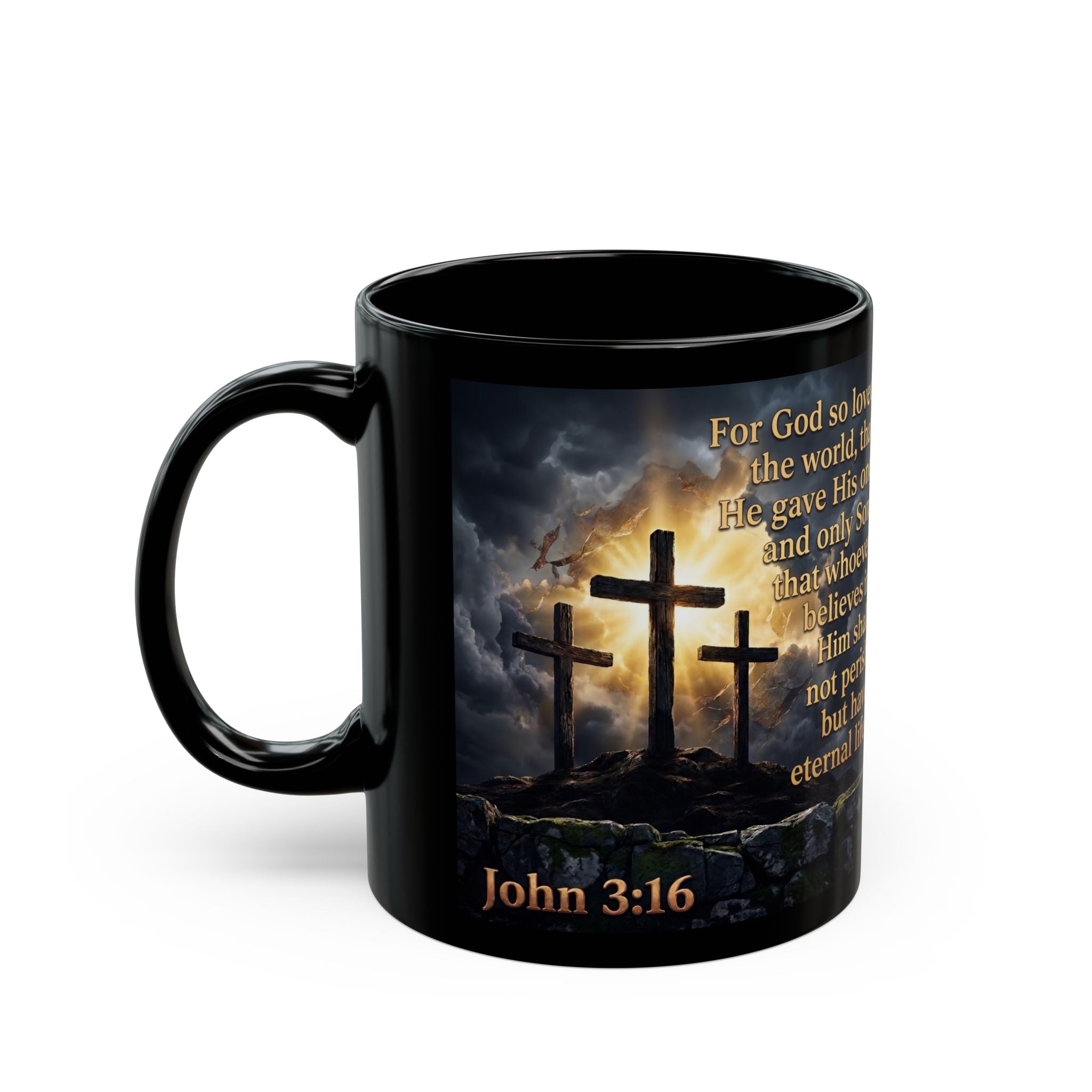 John 3:16 Black Christian Mug — Three Crosses Scripture Design