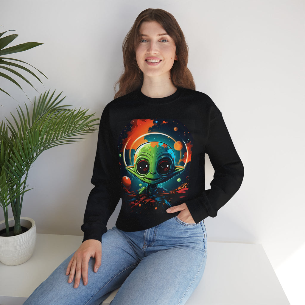 Cosmic Little Alien Sweatshirt – Neon Space Art on Black Crewneck