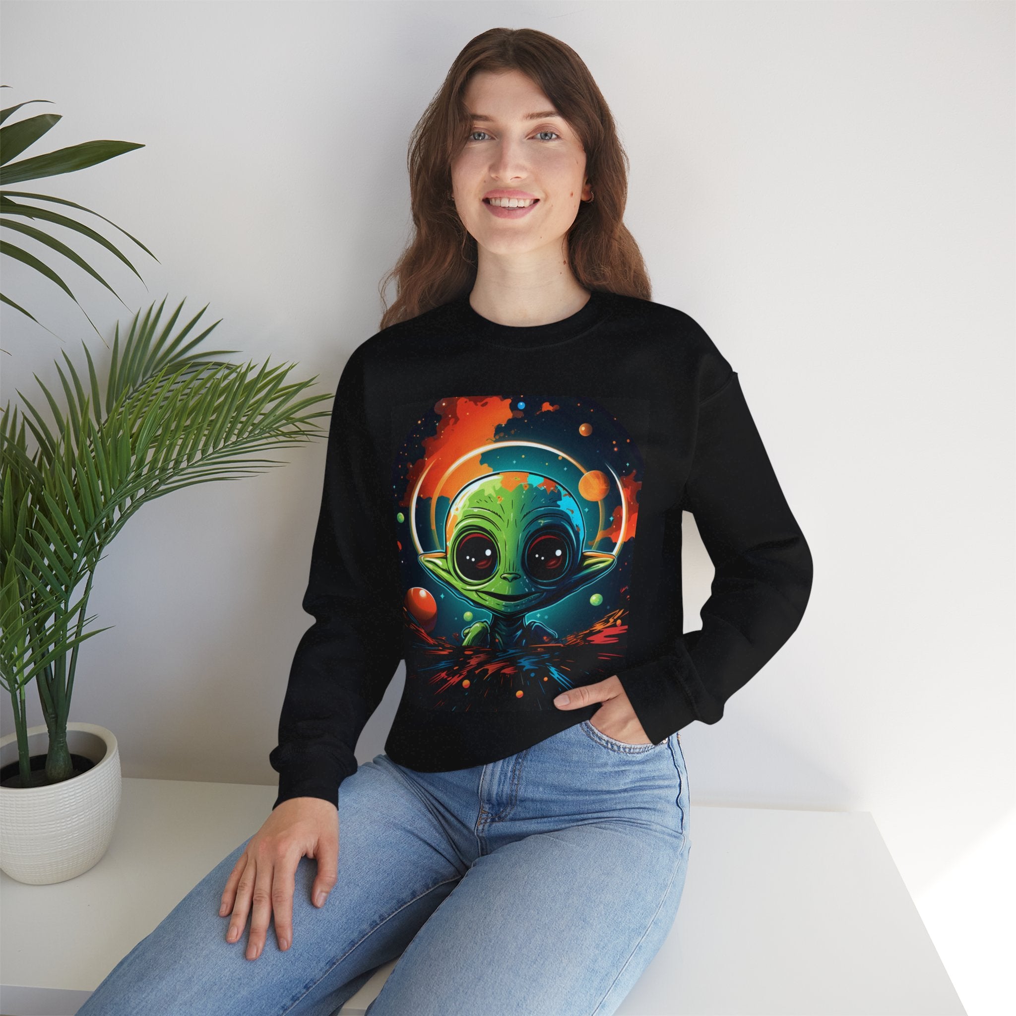 Cosmic Little Alien Sweatshirt – Neon Space Art on Black Crewneck