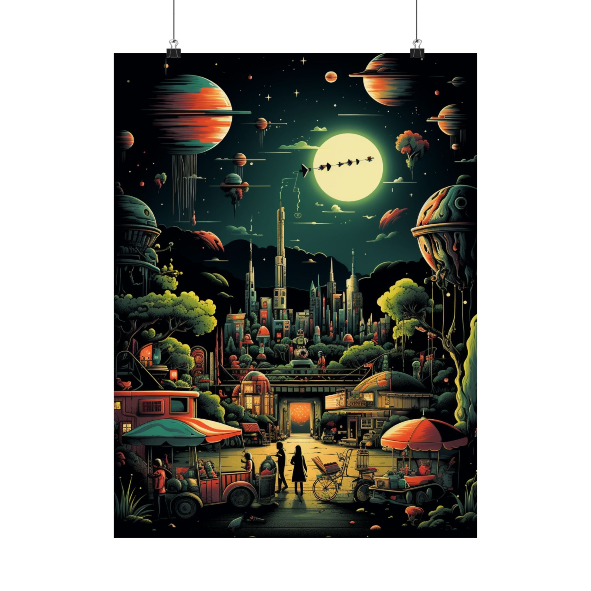 Retro Futuristic City Market Poster – Cosmic Sci-Fi Wall Art (3 Sizes)