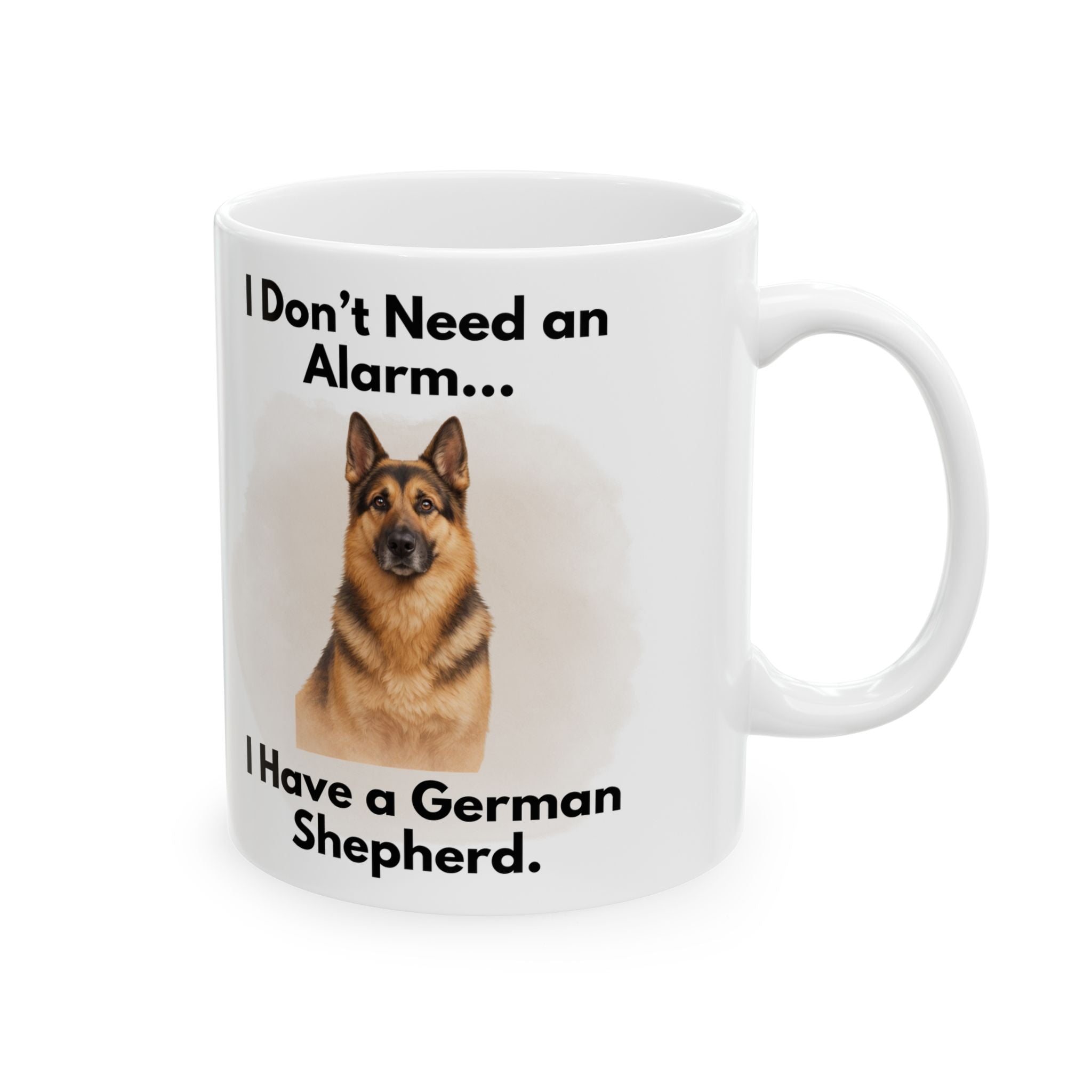 White mug with a German Shepherd design and text on a white background