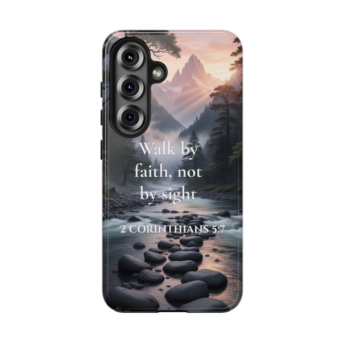 Christian Phone Case — "Walk by Faith, Not by Sight" (2 Corinthians 5:7) Scenic River Design
