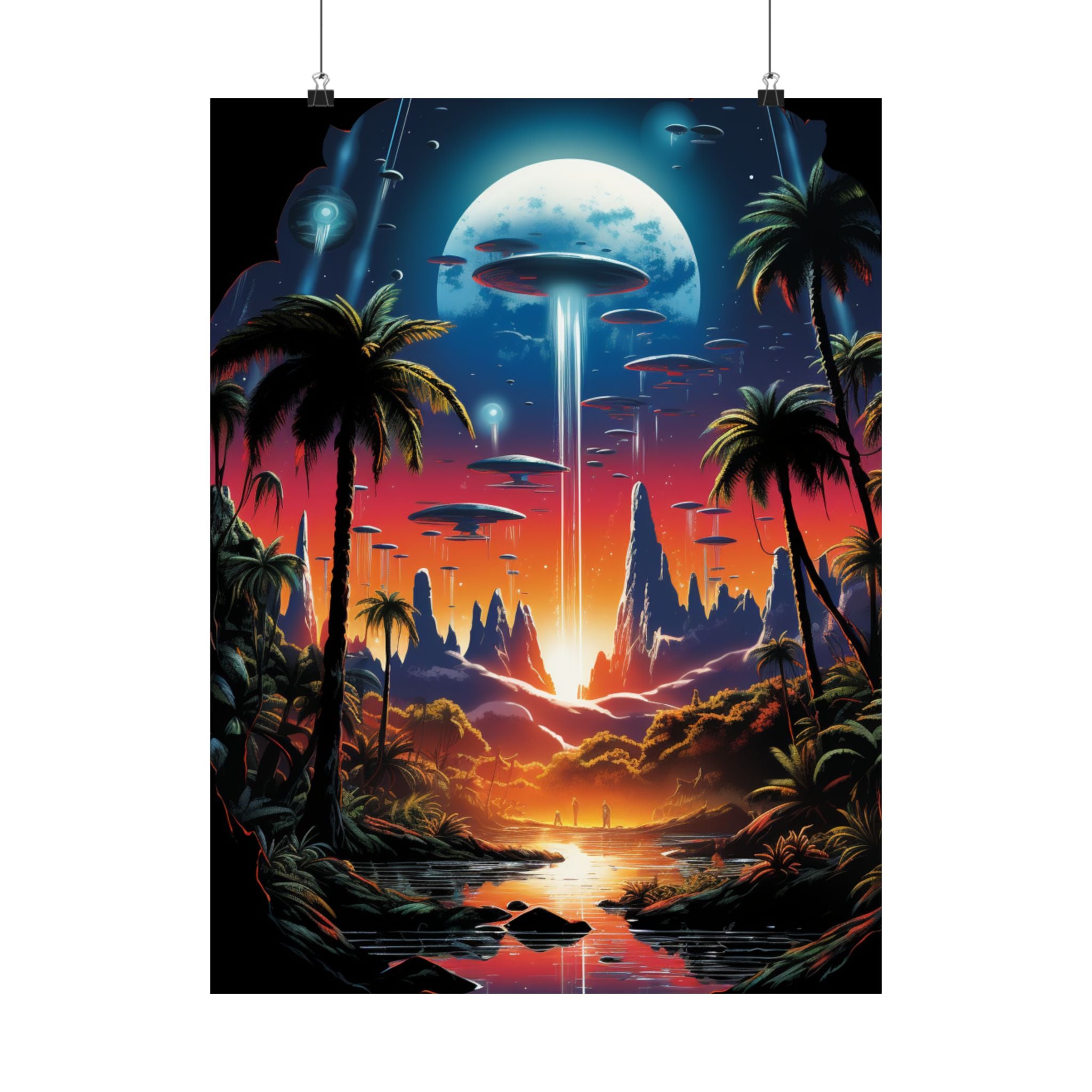 Cosmic Arrival Sunset Poster – Retro Sci-Fi Wall Art (3 Sizes)