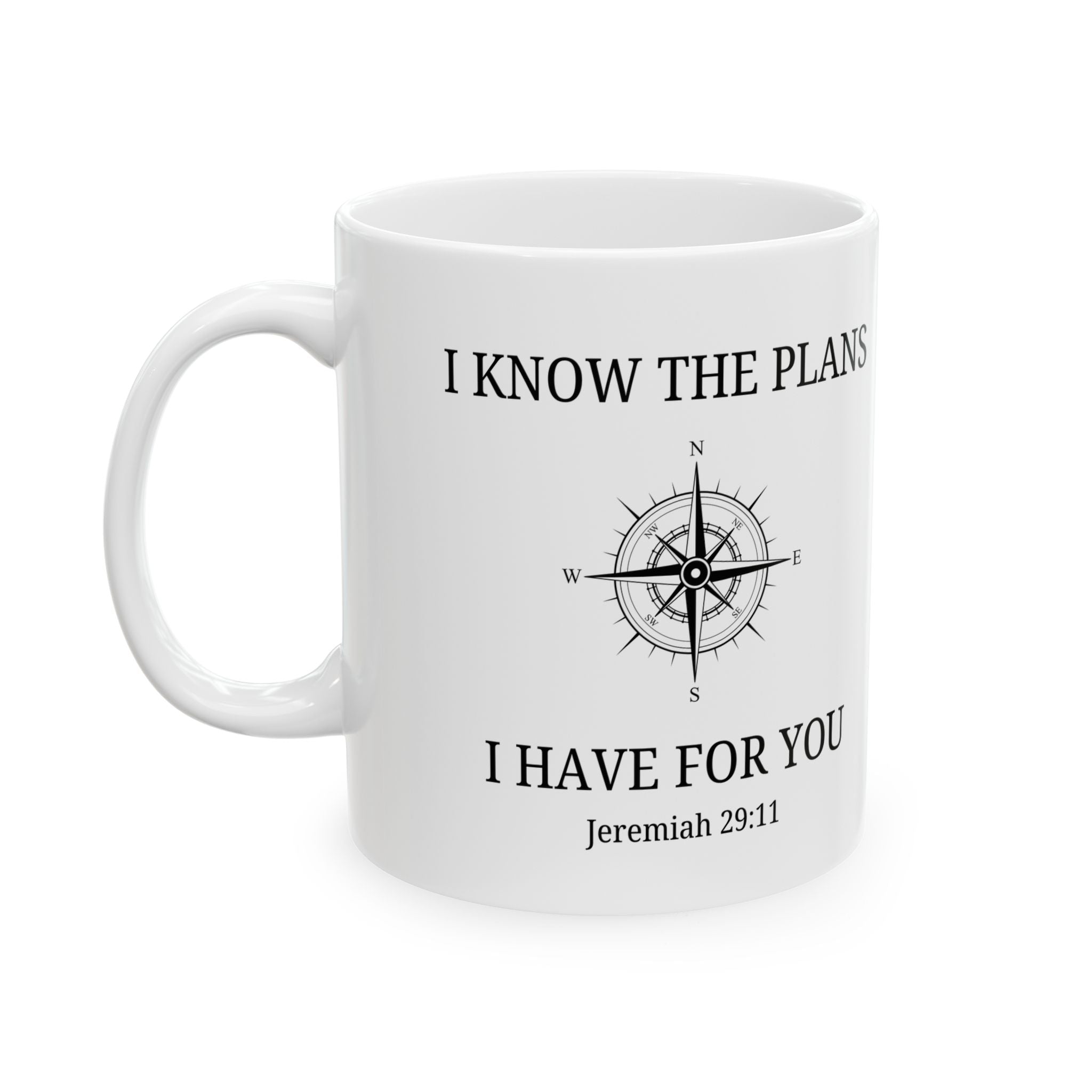 White mug with compass design and text 'I Know the Plans I Have for You' on a white background