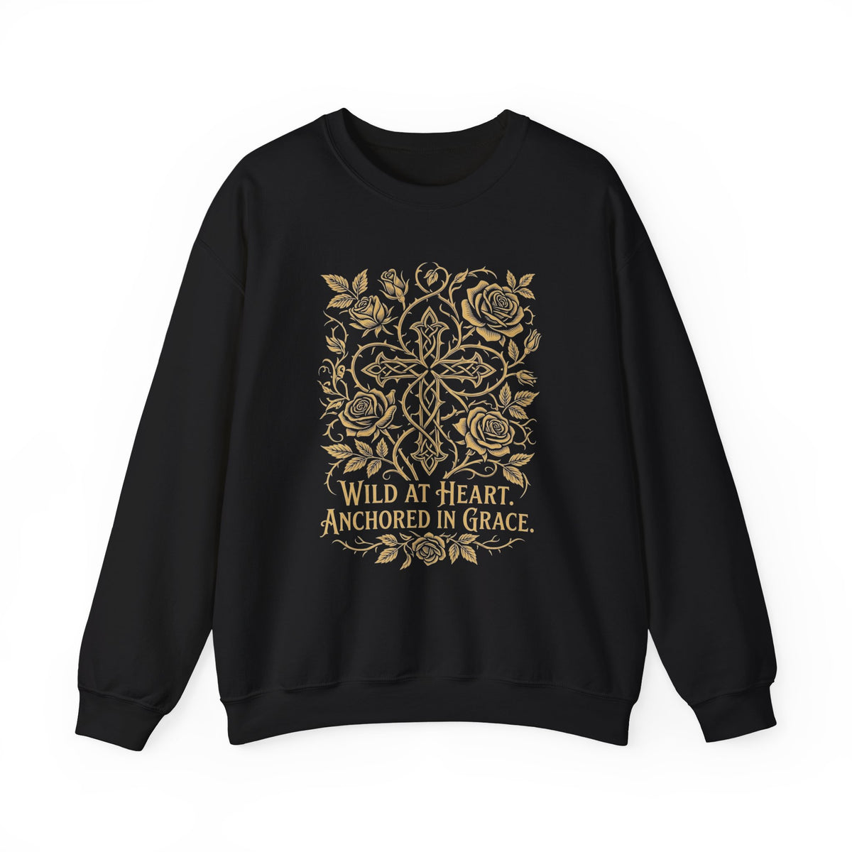 Wild at Heart Anchored in Grace faith floral crewneck sweatshirt in black with gold celtic cross and rose design, flat lay