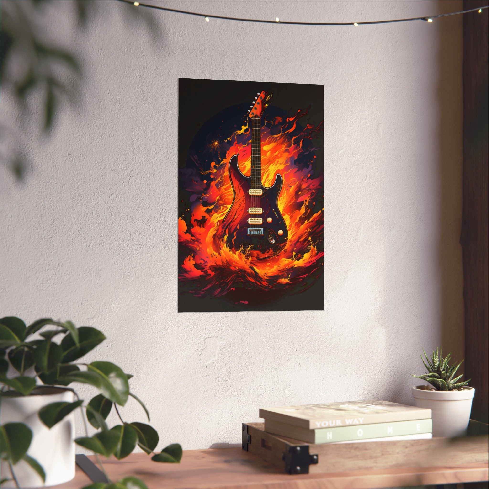 Ignite the Sound - Flaming Electric Guitar Matte Vertical Poster — Rock Music Wall Art