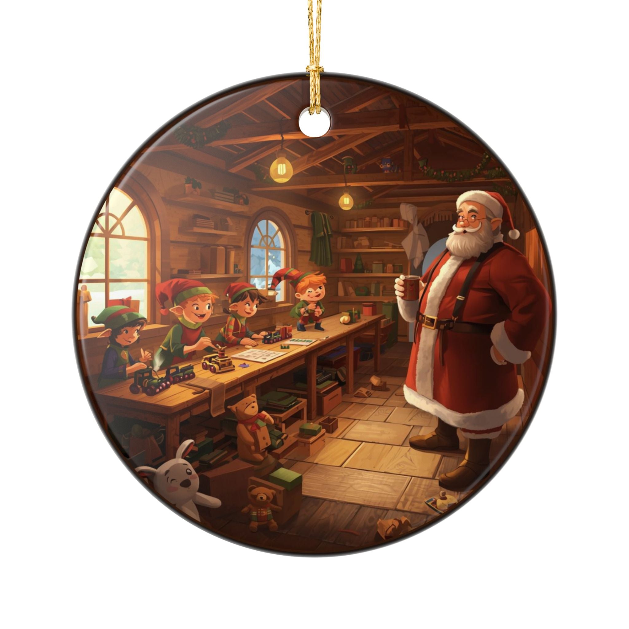 Santa & Elves Round Ornament (Double-Sided)